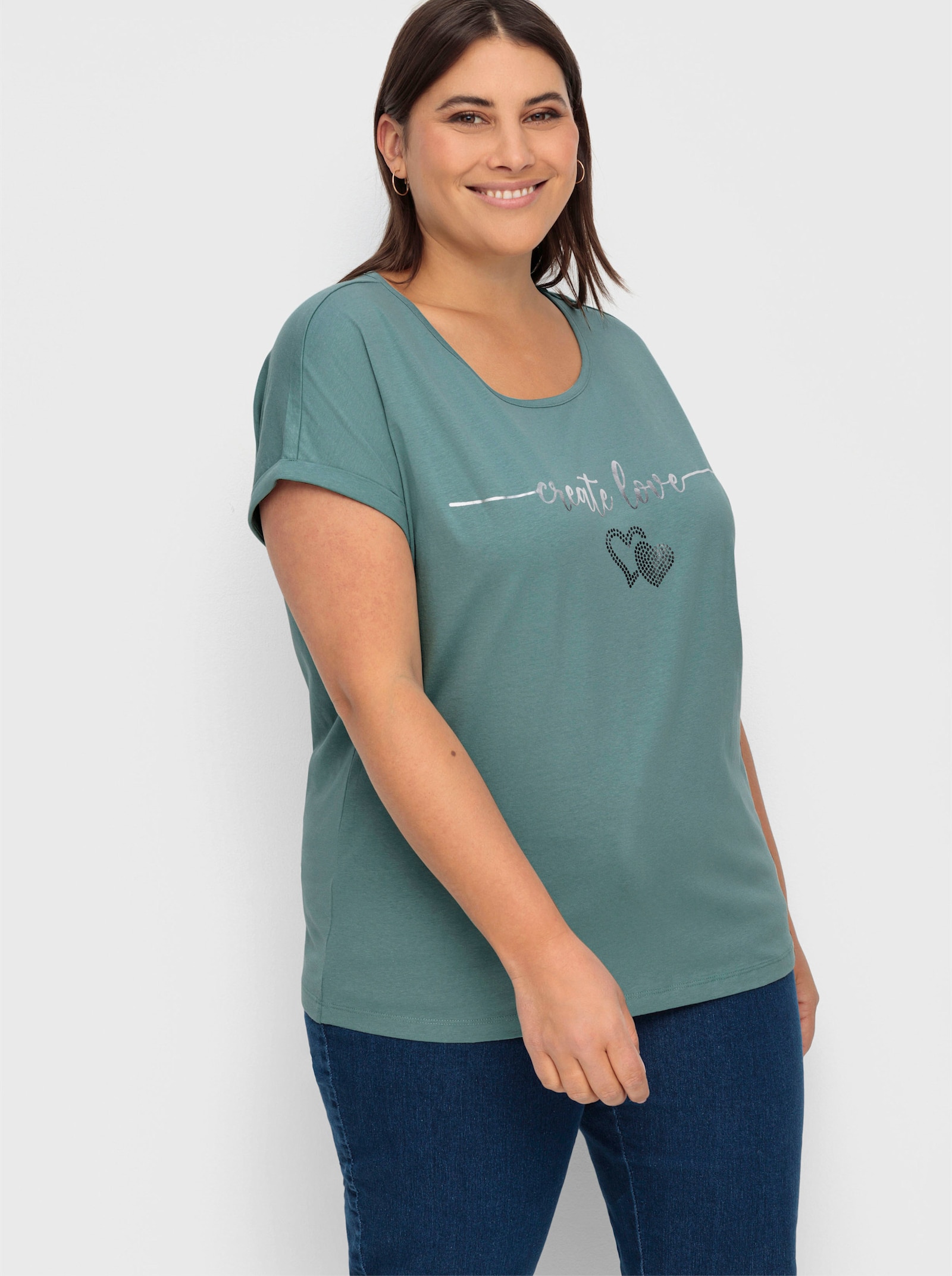 Rundhalsshirt mit Ärmel-Aufschlag - jade