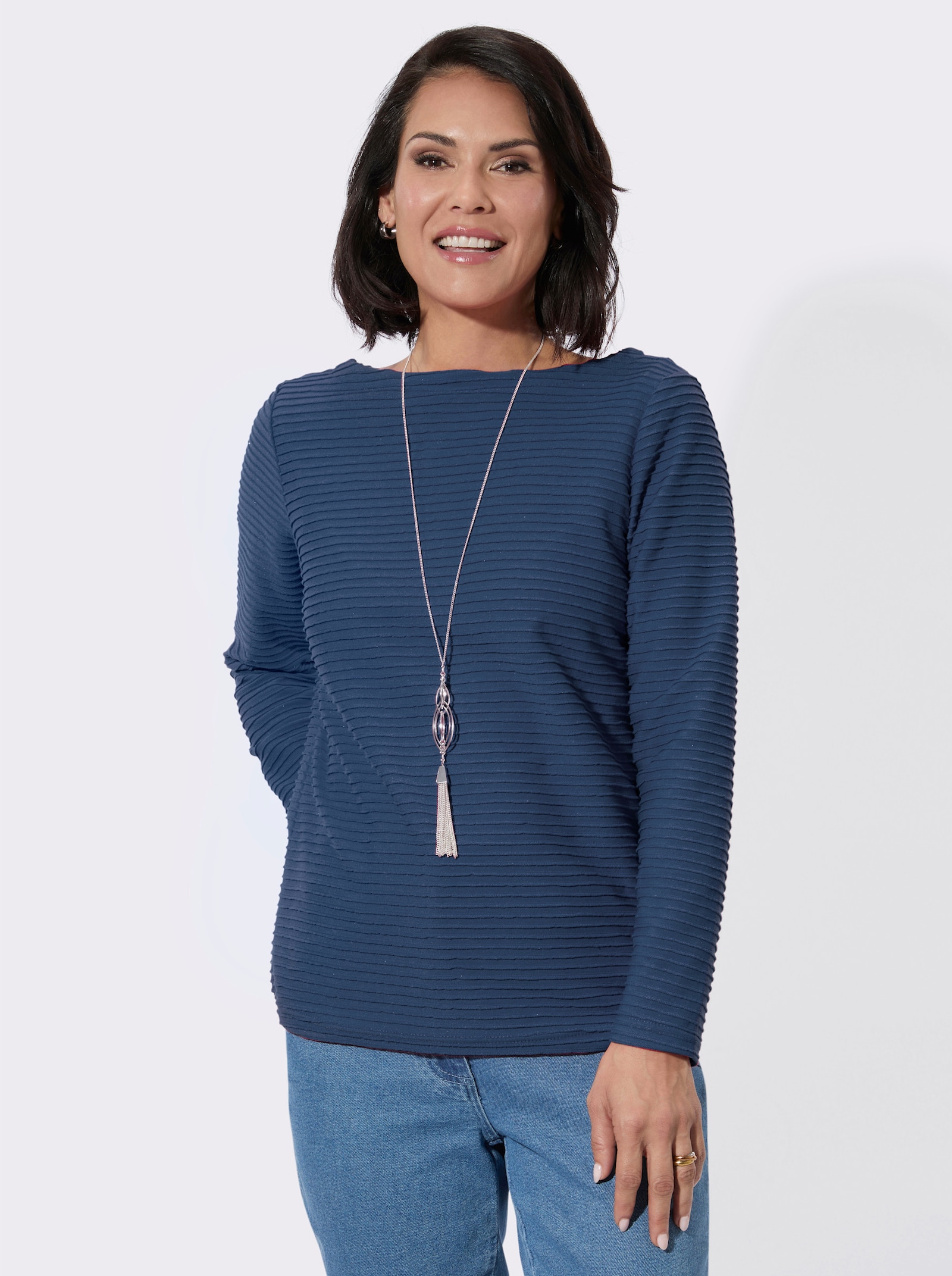 Langarmshirt mit U-Boot-Ausschnitt - jeansblau