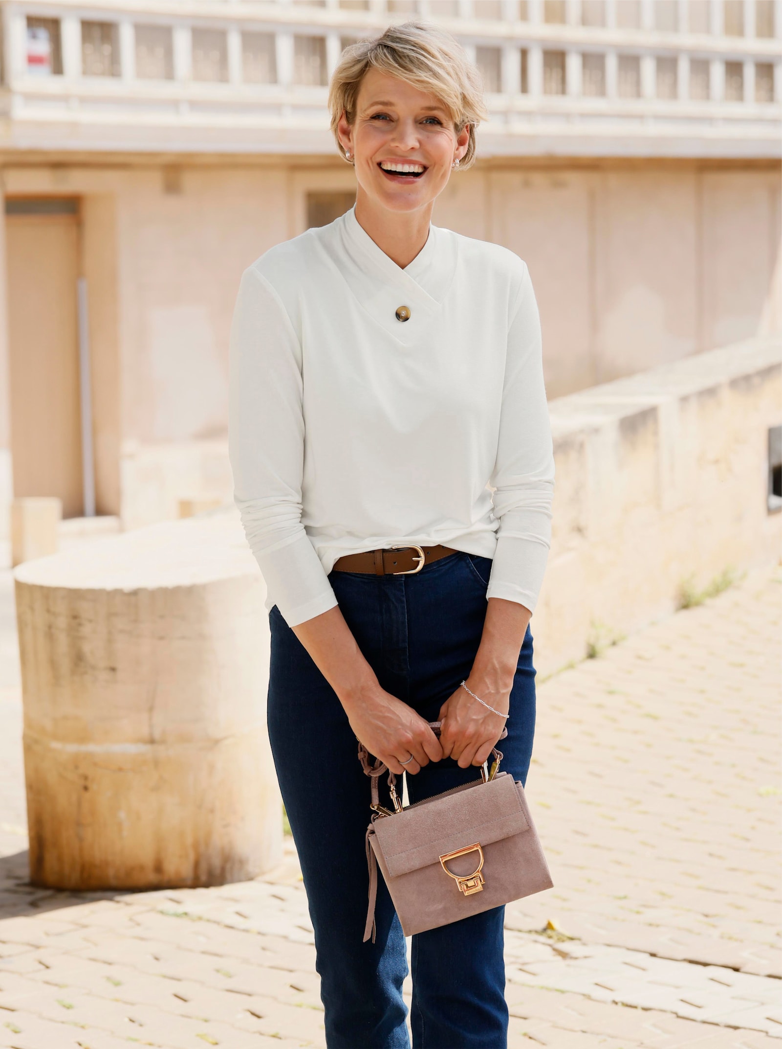 Shirt met lange mouwen van soepel viscose-stretchmateriaal - ecru