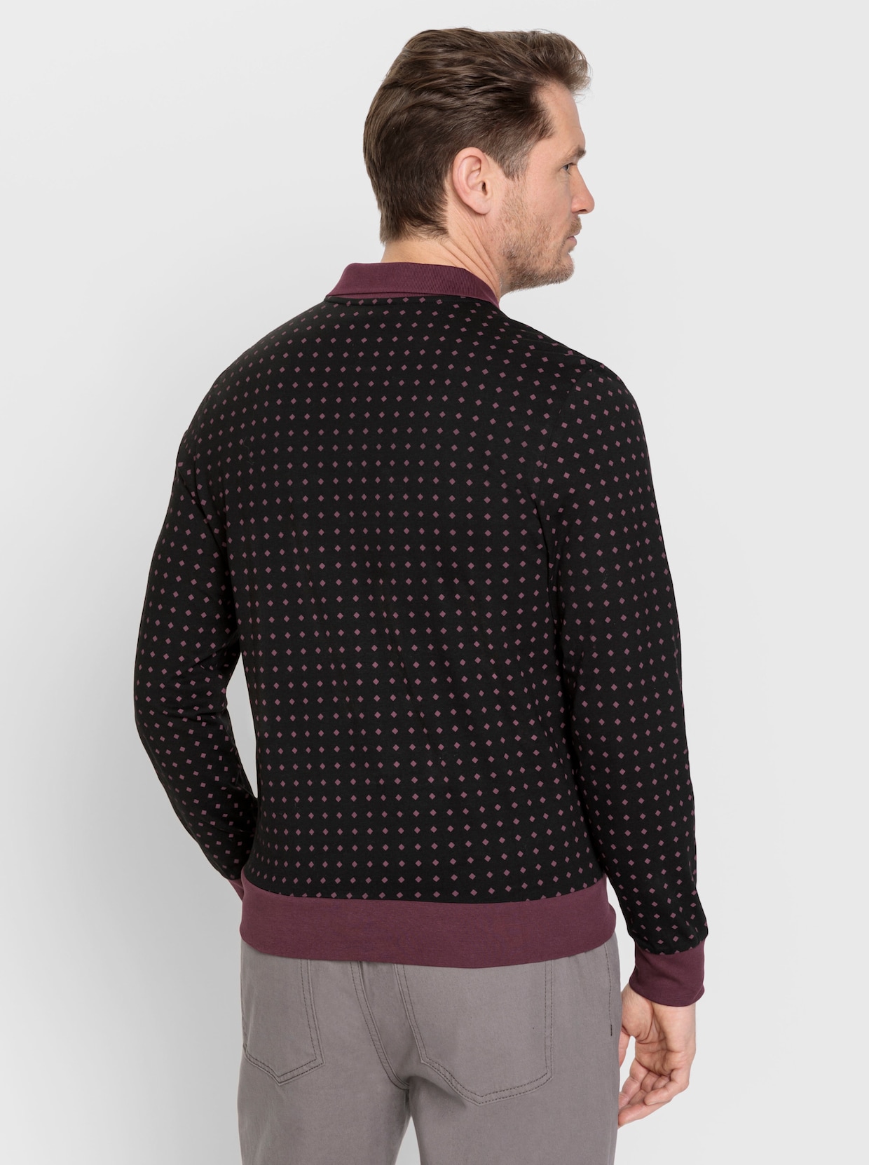 Marco Donati Langarm-Poloshirt - schwarz-burgund-gemustert