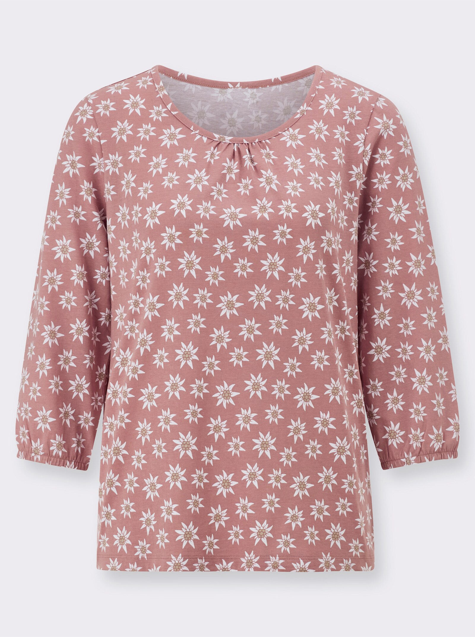 Tričko s 3/4 ruk. a kvet. vzorom - potlač vo farbách ružové drevo a biela