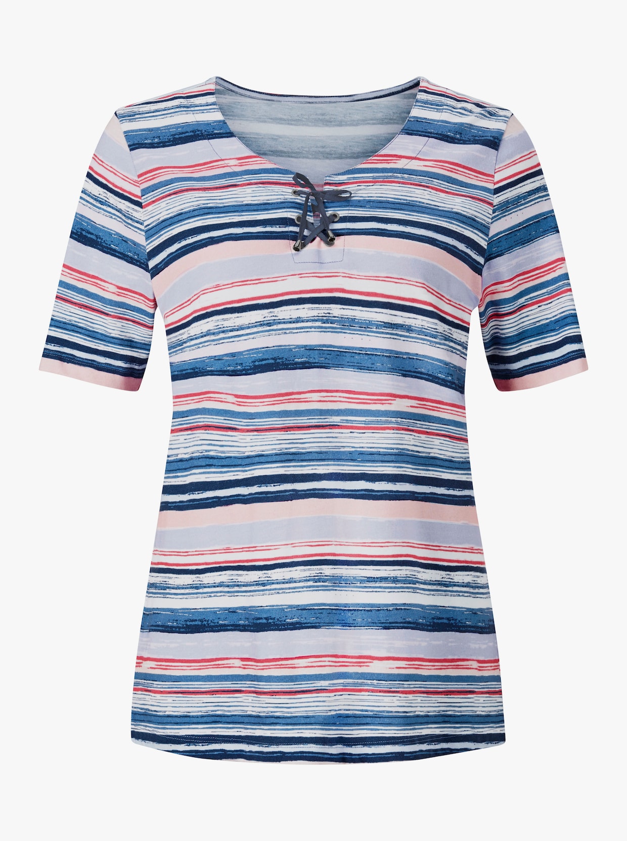 Shirt met ronde hals - blauw/koraal gestreept
