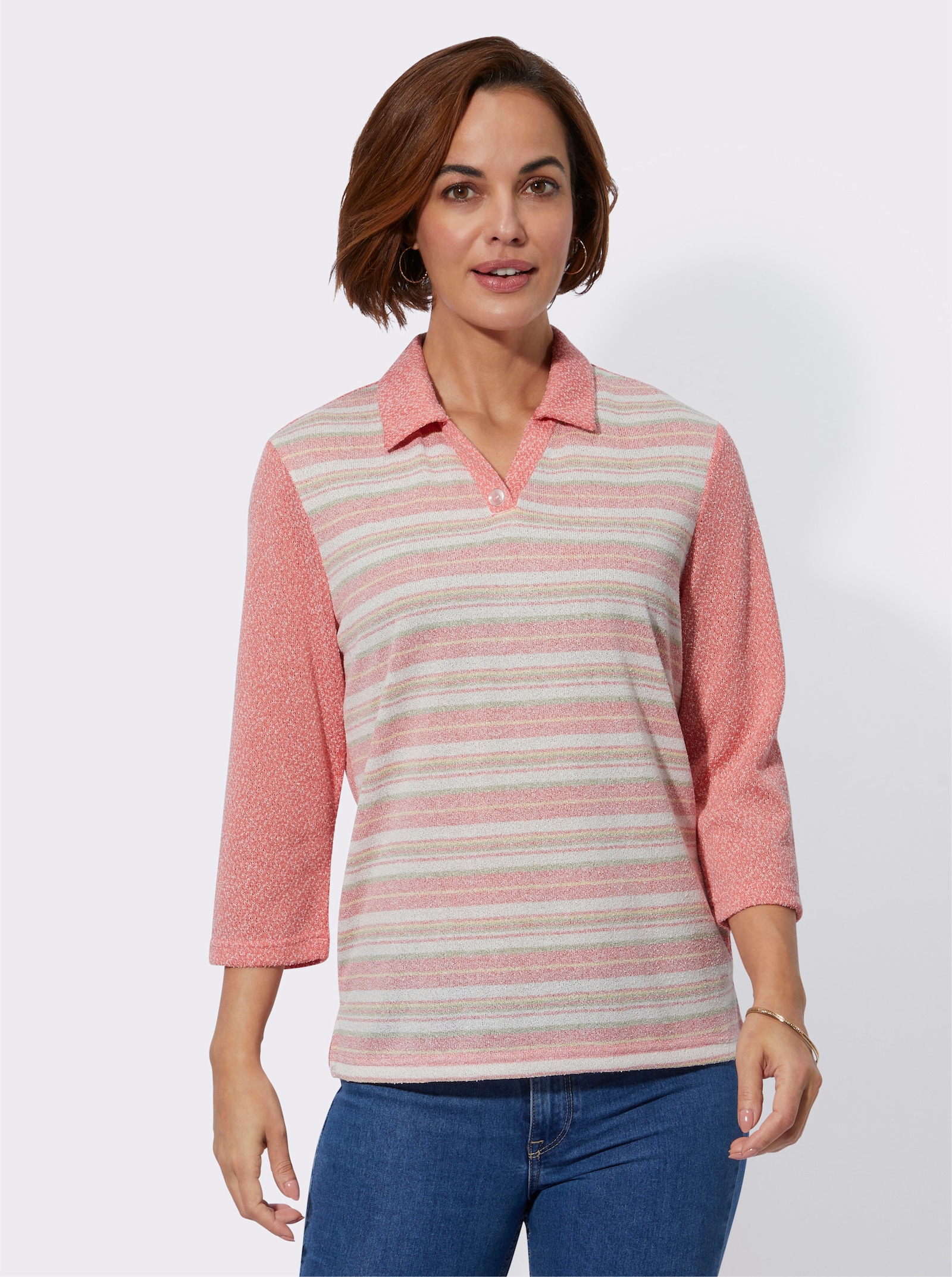  Poloshirt in Bouclé-Qualität - flamingo-lindgrün-geringelt