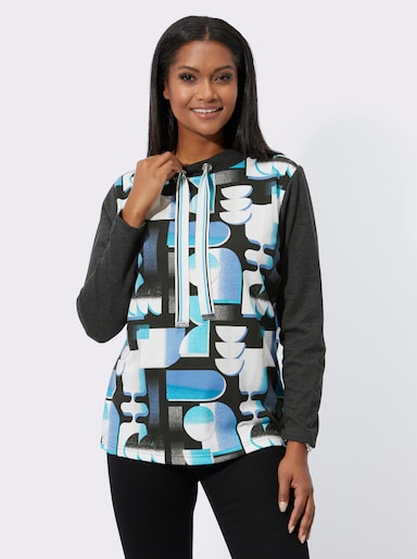 Sweatshirt mit Stehkragen und Tunnelzug - türkis-schwarz-bedruckt