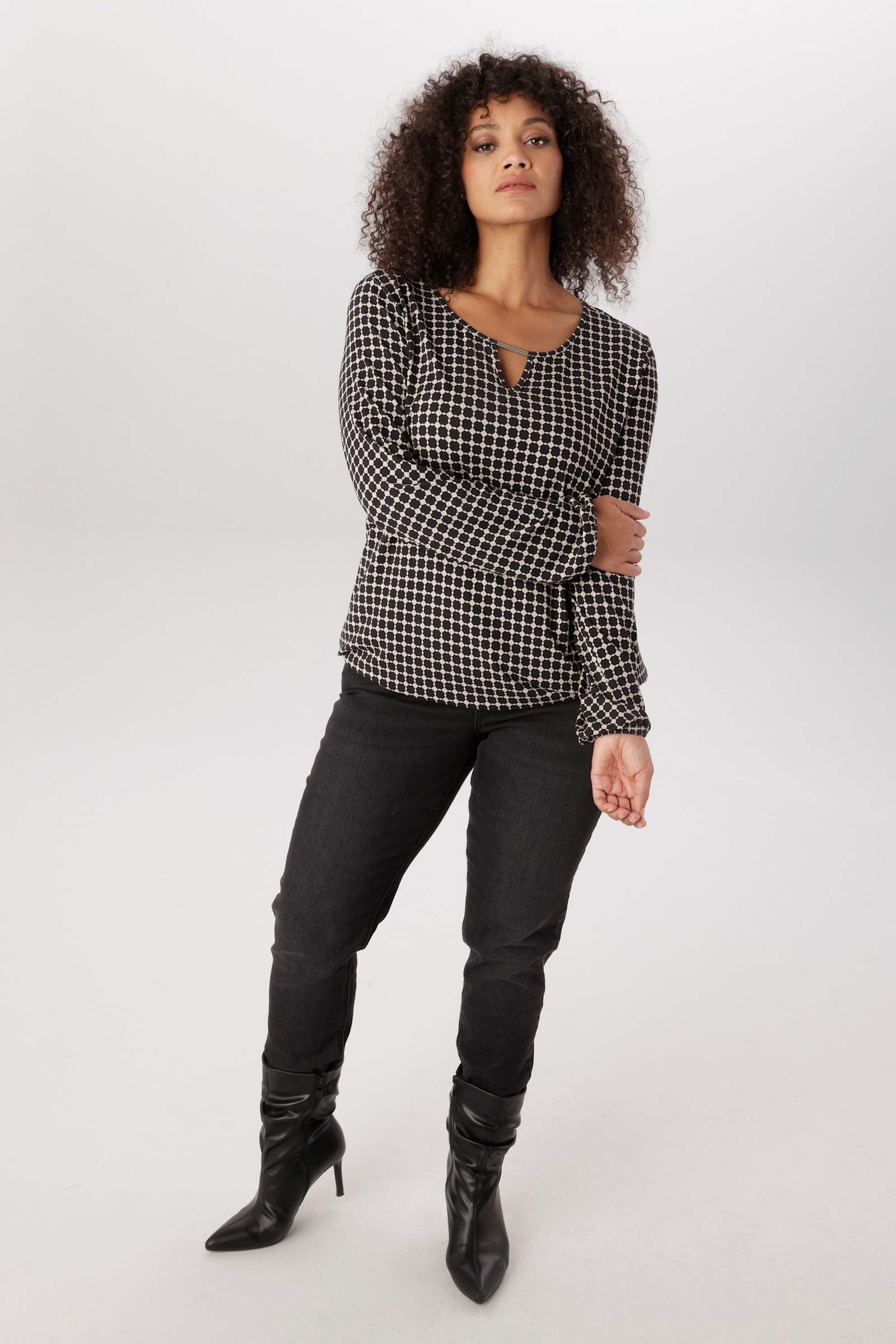 Aniston PLUS Langarmshirt - beige-schwarz