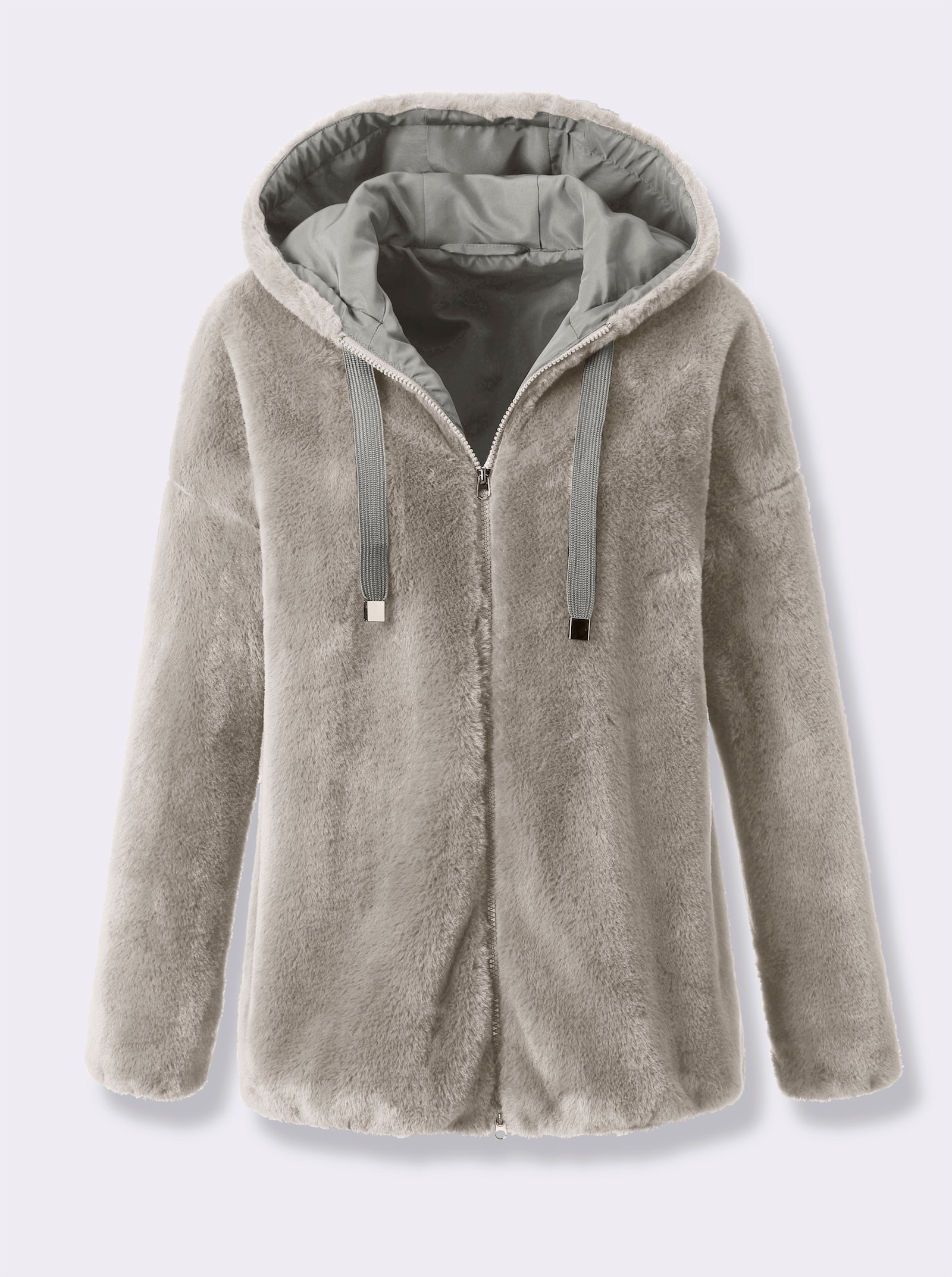 Fellimitatjacke mit Gummizug an Ärmeln und Saum - hellgrau