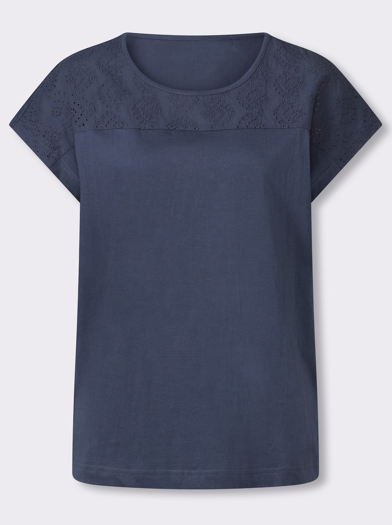 Kurzarmshirt mit Spitzen-Details, Baumwolle - rauchblau