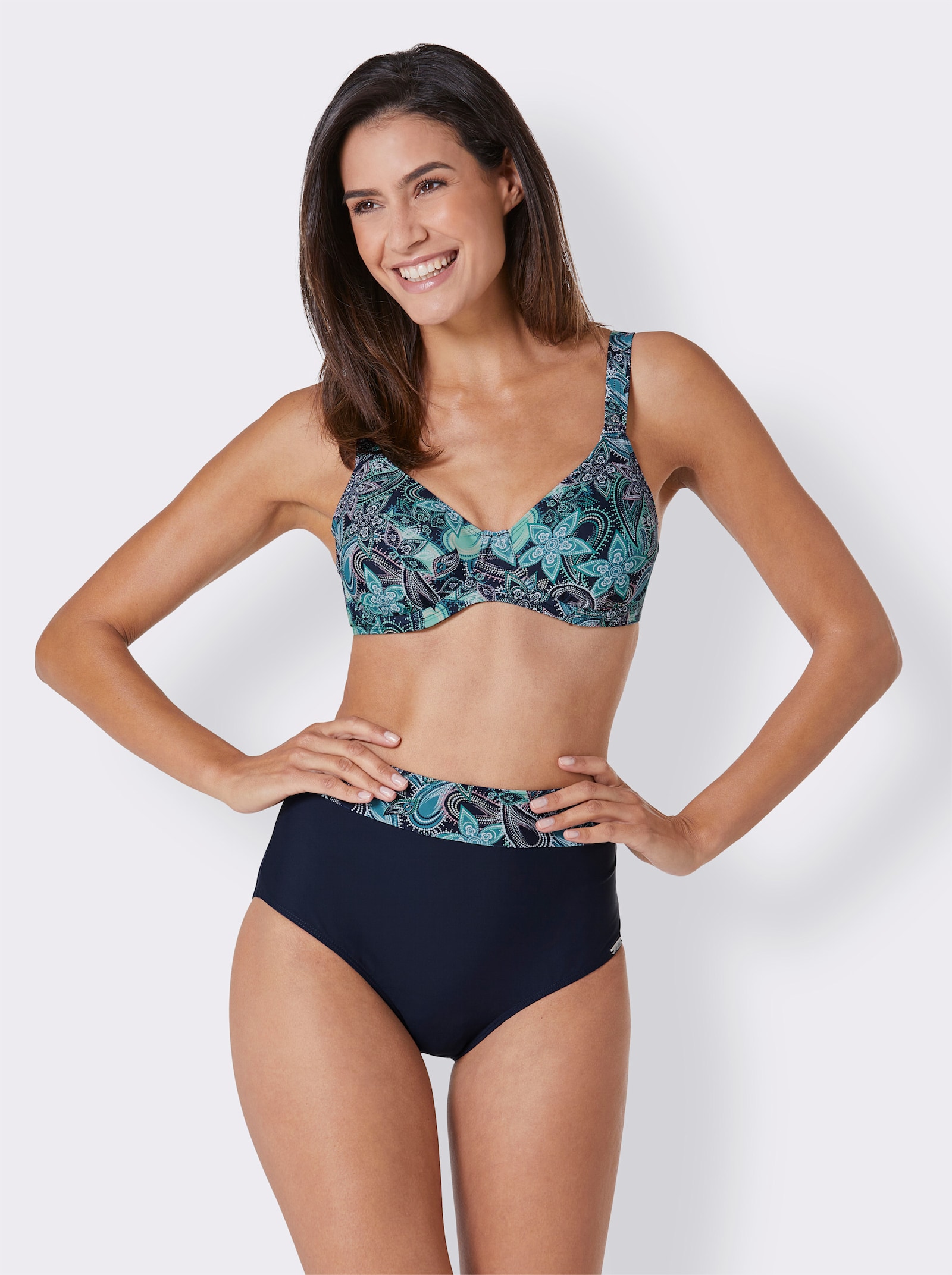 feel good Bikini mit breitem Hosenbund - marine-smaragd-bedruckt