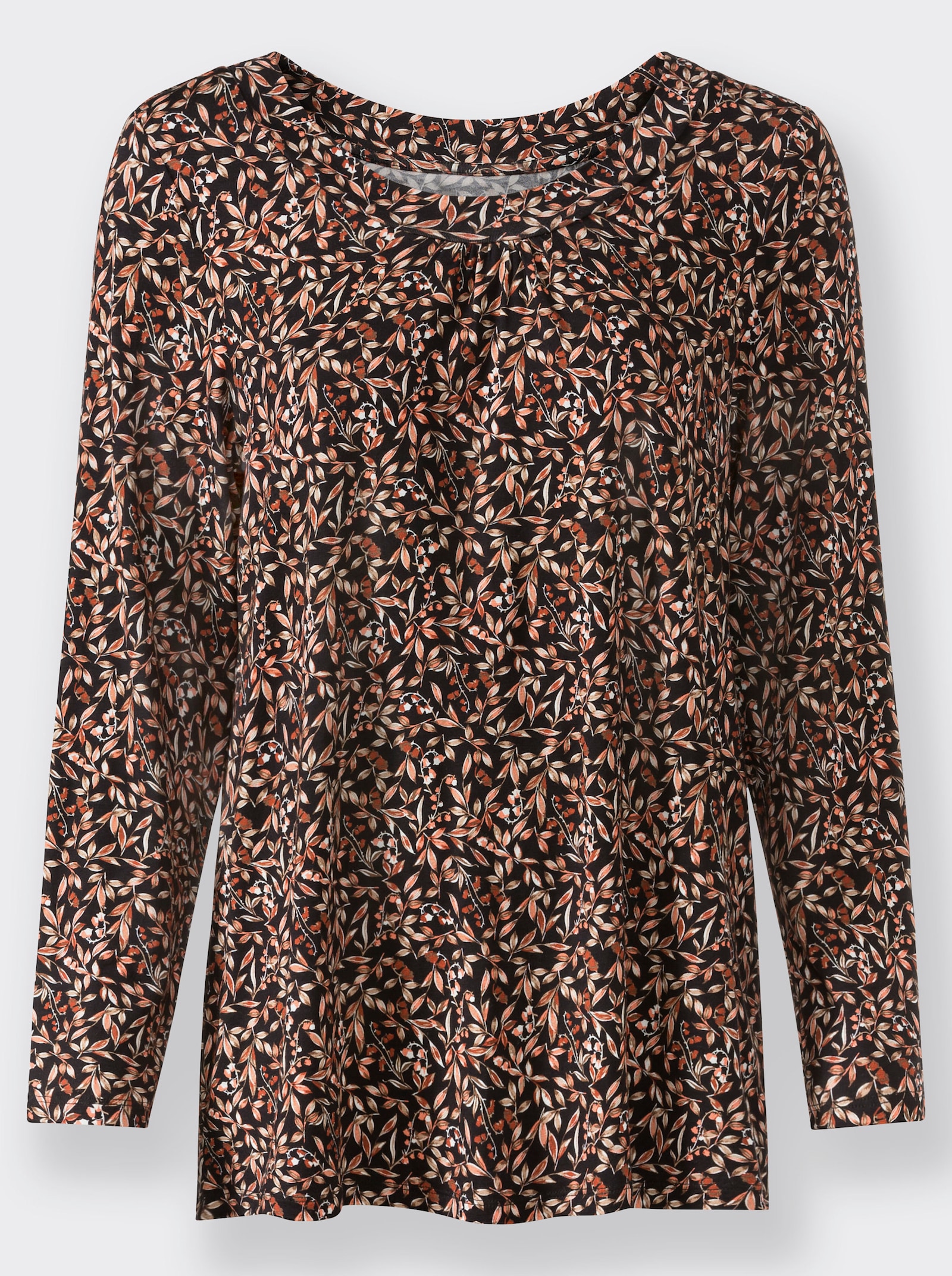 Tunikashirt mit Raffung am Ausschnitt - schwarz-rostrot-bedruckt