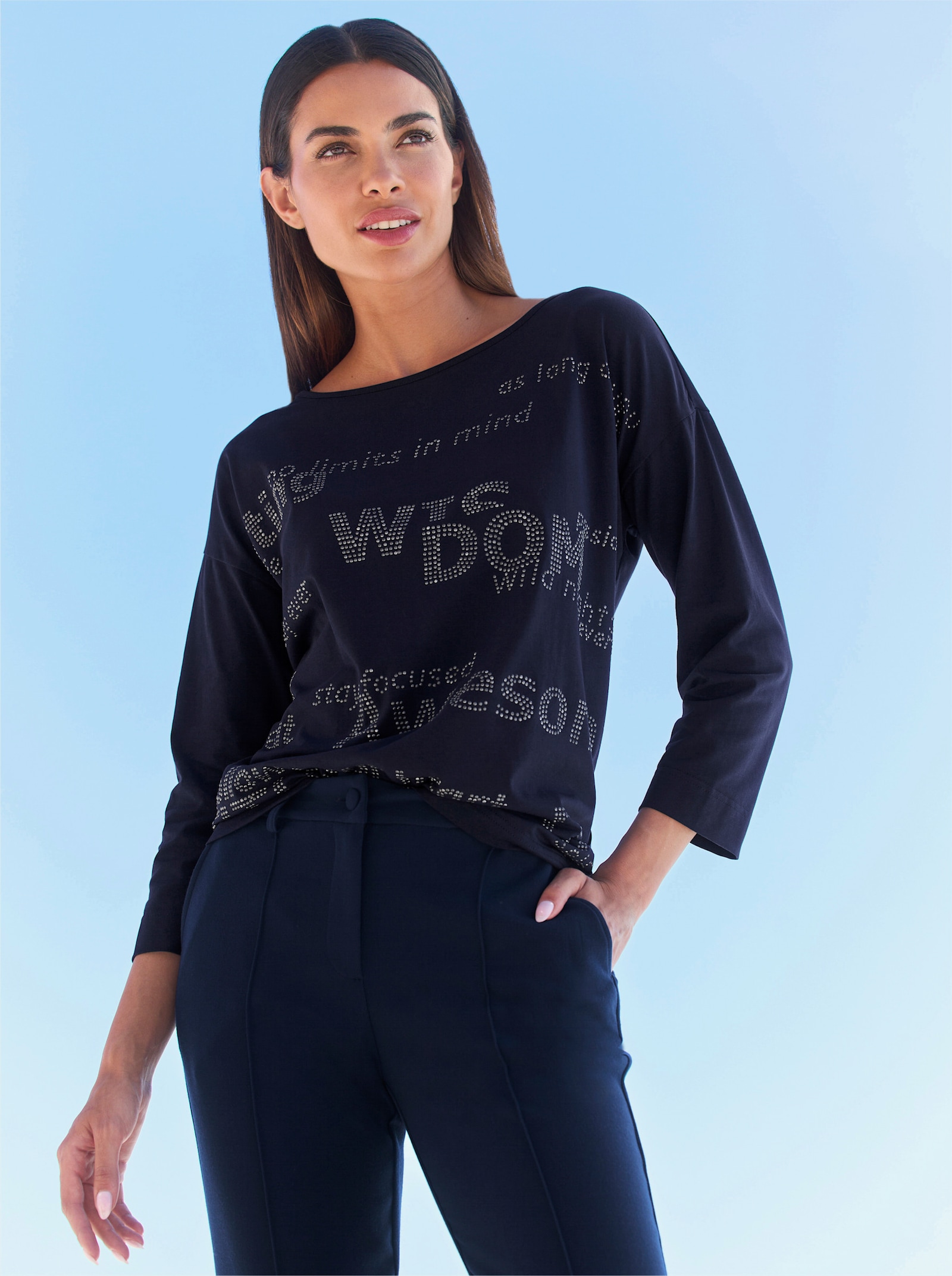 heine Shirt met 3/4-mouwen en opschrift van glittersteentjes - marine