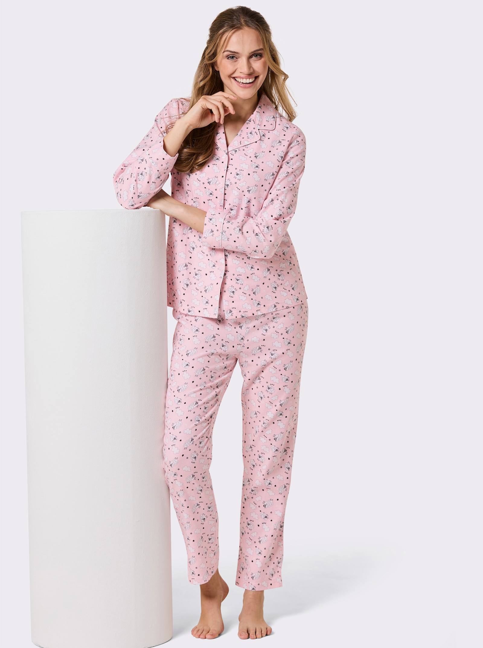 wäschepur Pyjama mit Schaf-Motiven - hellrosé-ecru