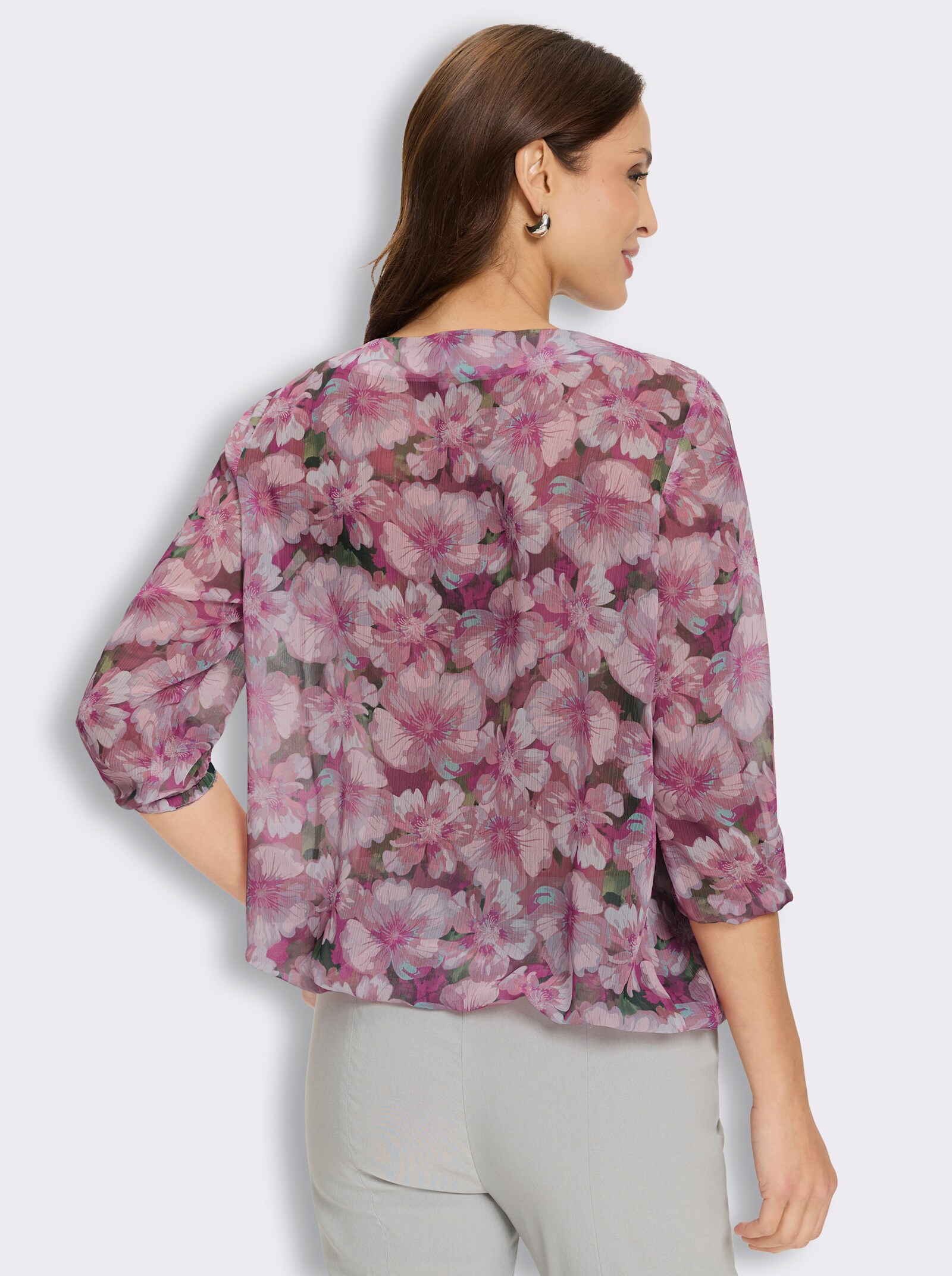 Schlupfbluse aus leicht transparenter Chiffon-Qualität - hellrosé-eucalyptus-bedruckt