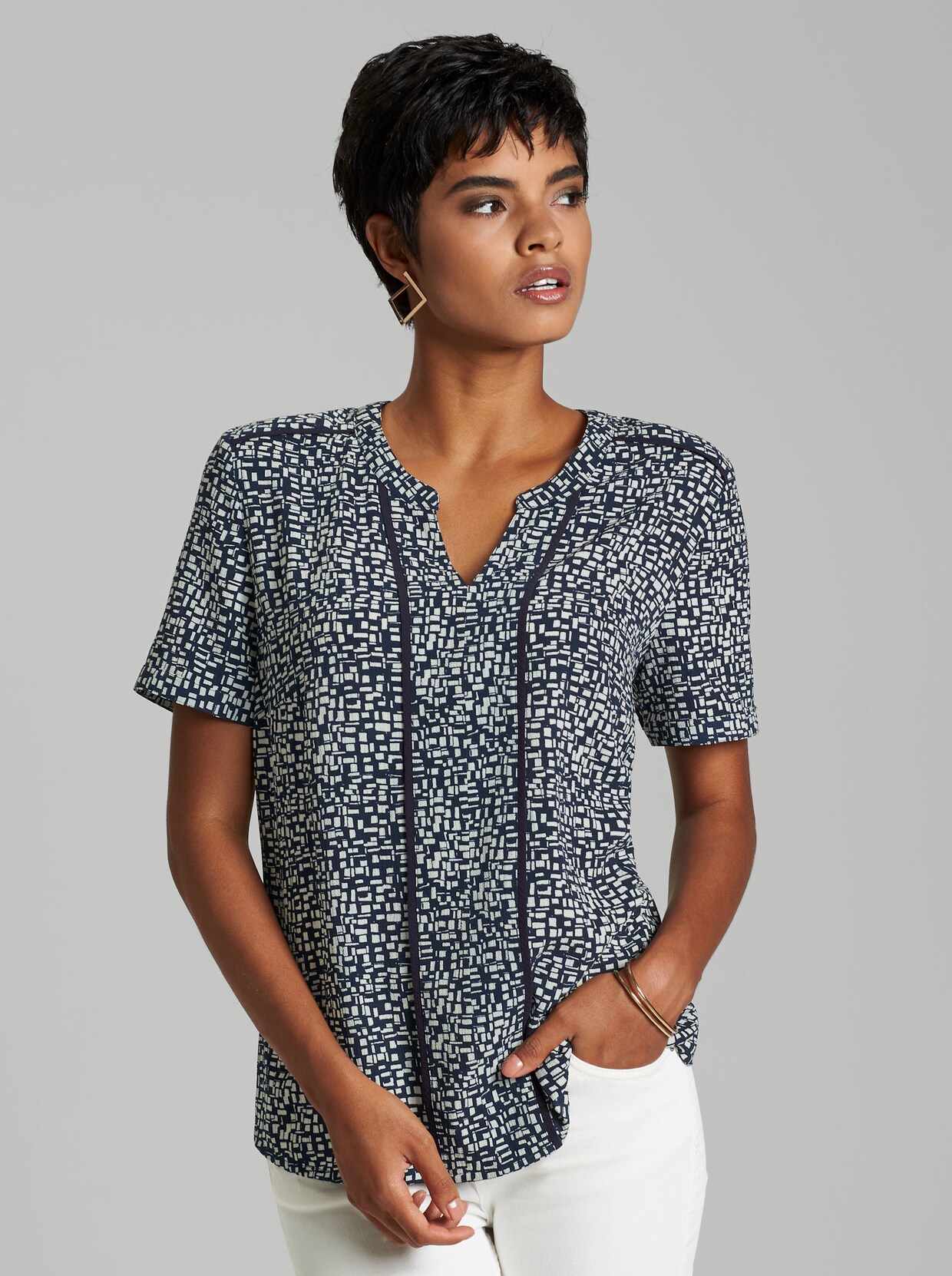 Blouse met korte mouwen - marine/wit