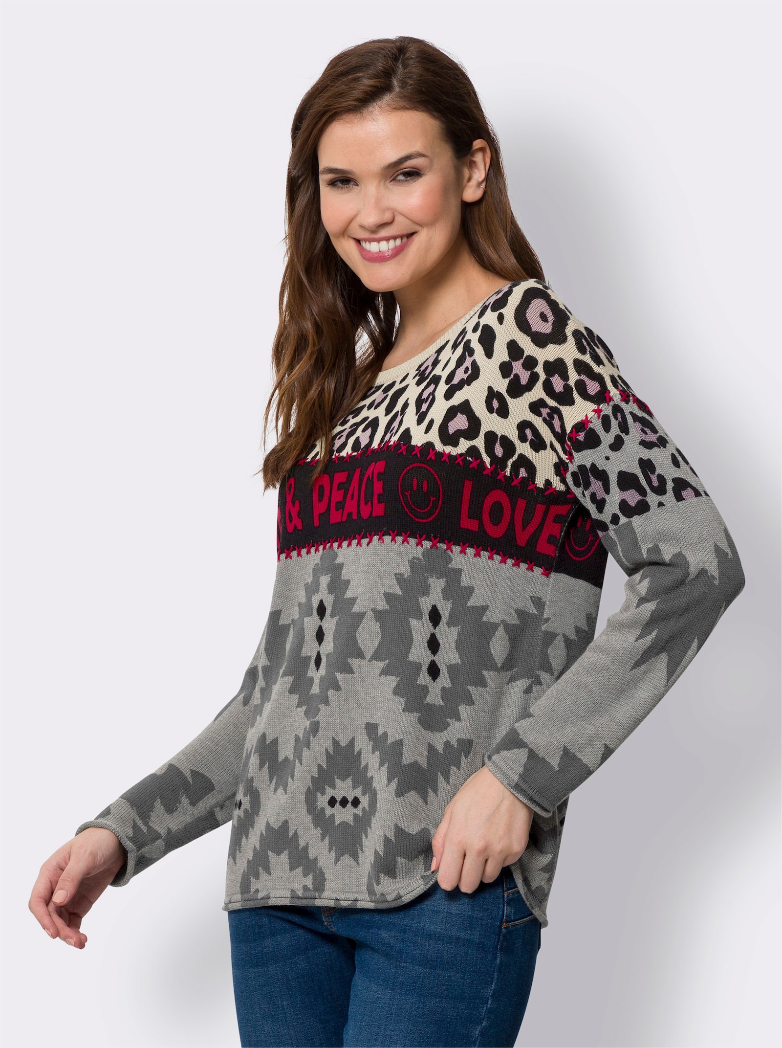 heine Feinstrickpullover im Mustermix, mit Schriftzug - grau-mauve-gemustert