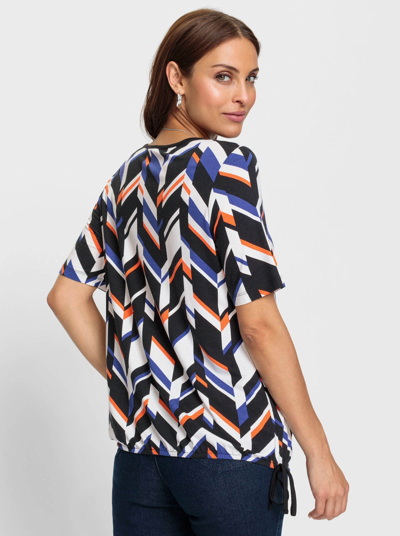 Shirt mit Gummizug am Saum - ecru-royalblau-bedruckt