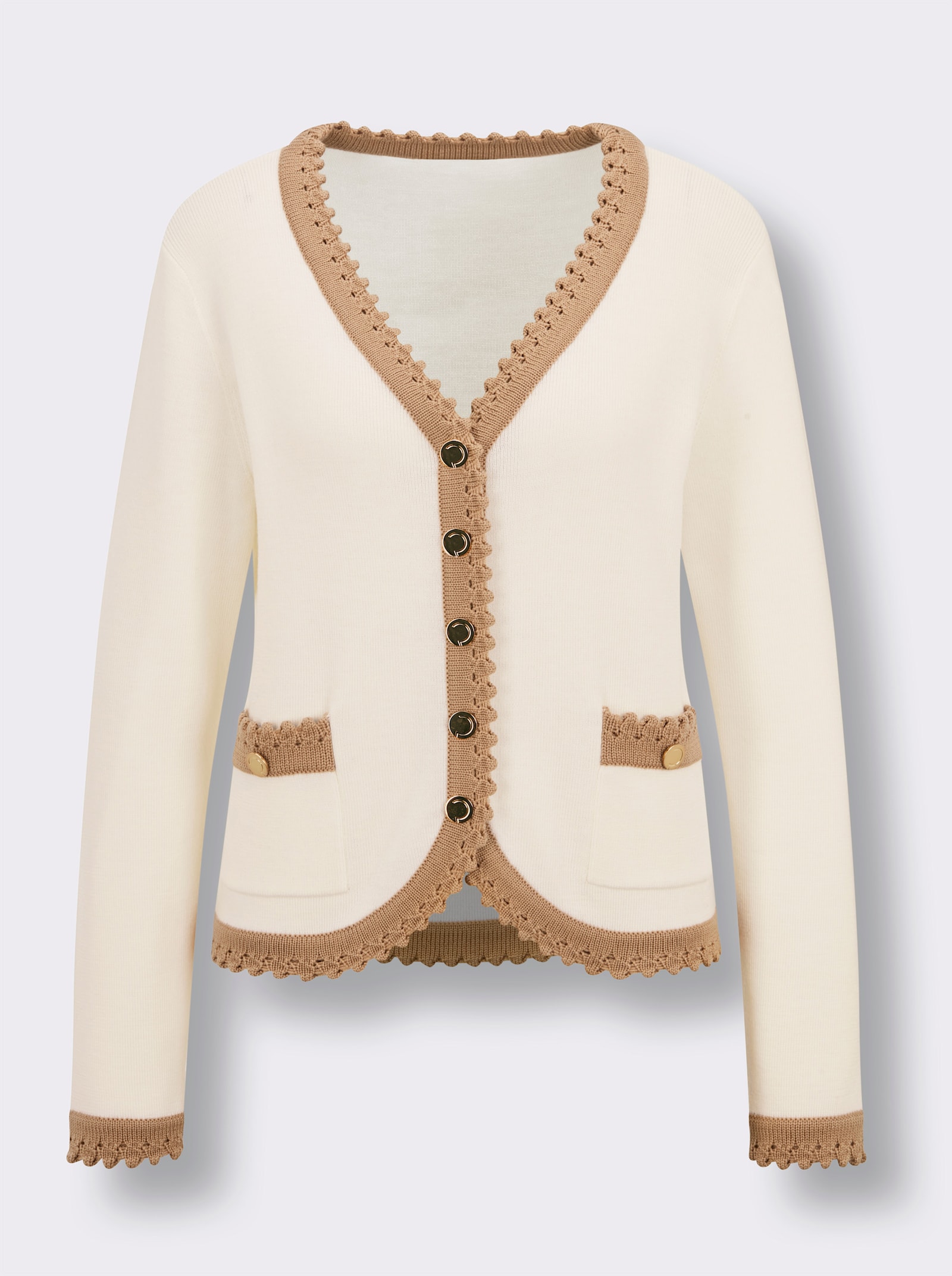 CREATION L PREMIUM Pullover mit Zierknopfleiste - ecru-camel