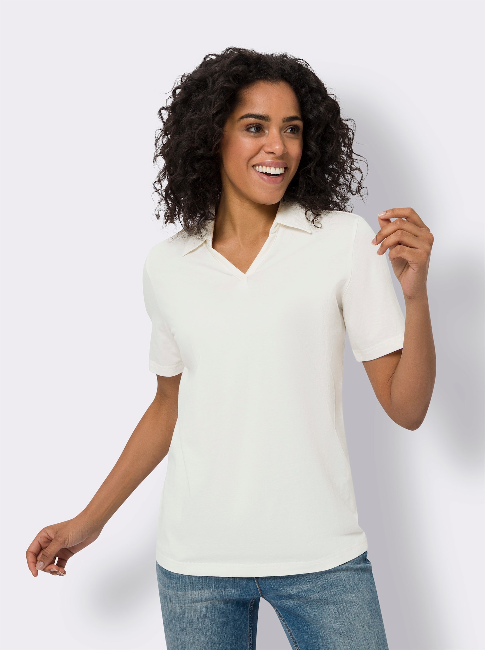 Poloshirt mit V-Ausschnitt - ecru