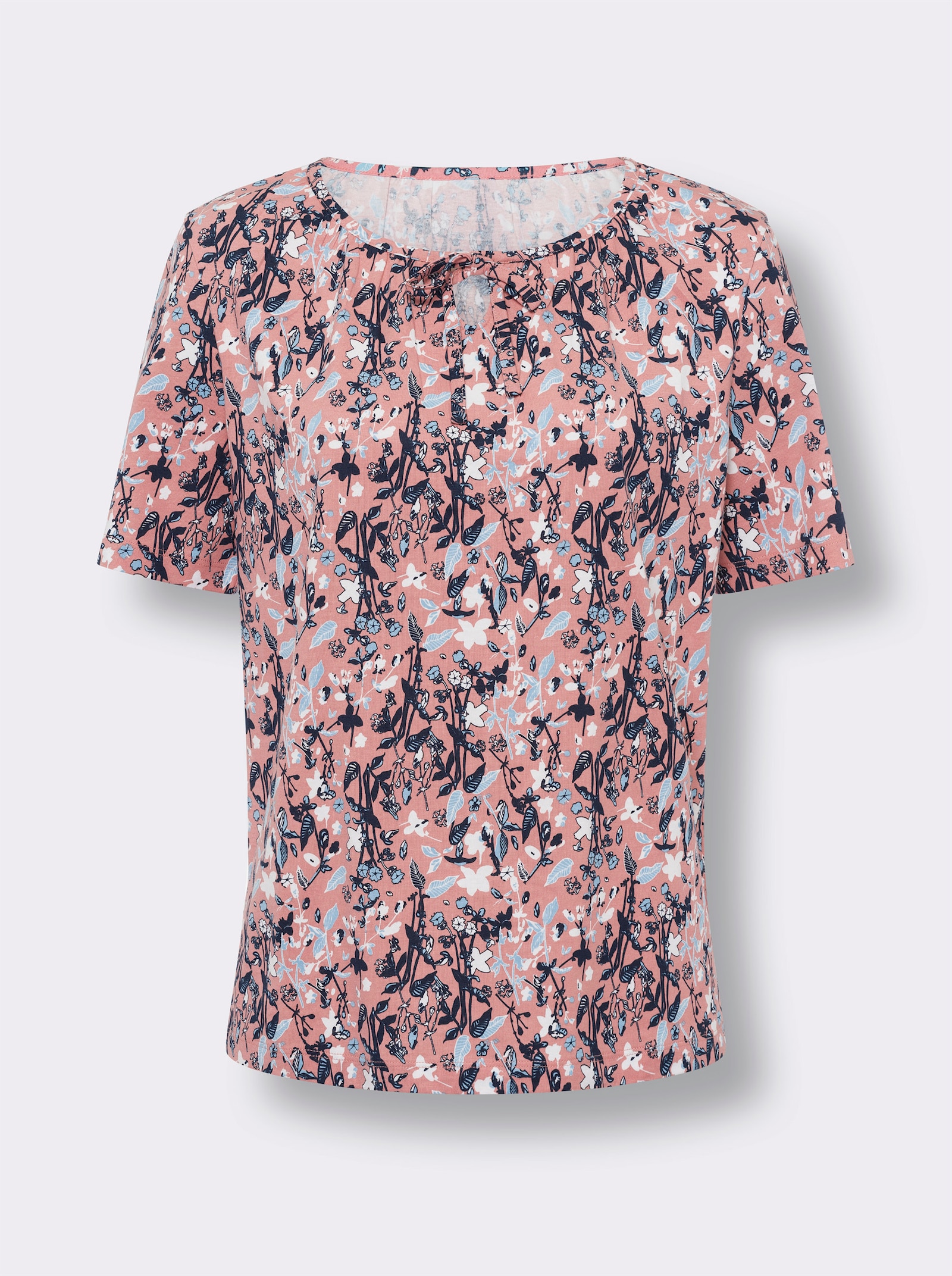Kurzarmshirt im floralen Dessin - flamingo-dunkelblau-bedruckt