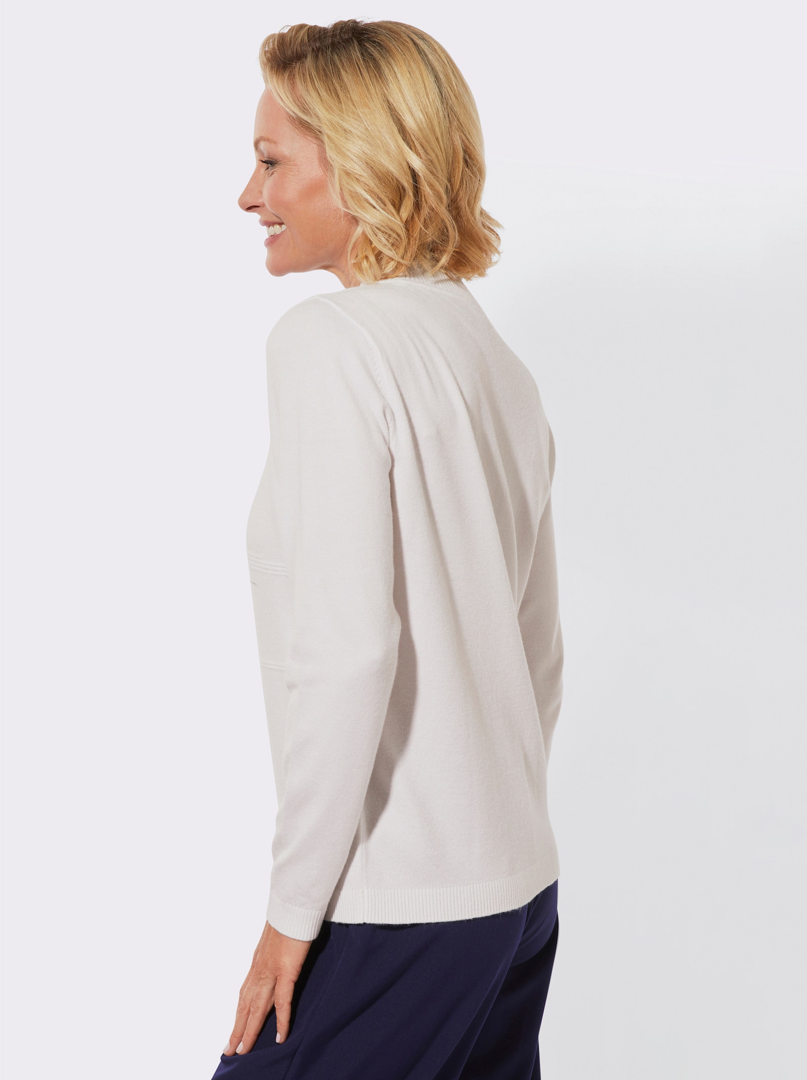 Stehkragenpullover mit Rippmuster und Glitzersteinchen - weiß