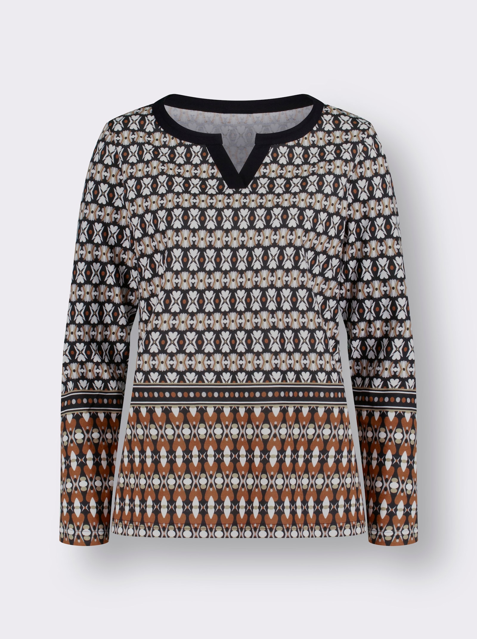 Tričko s dlouhým rukávem s grafickým vzorem - černá-koňaková-potisk