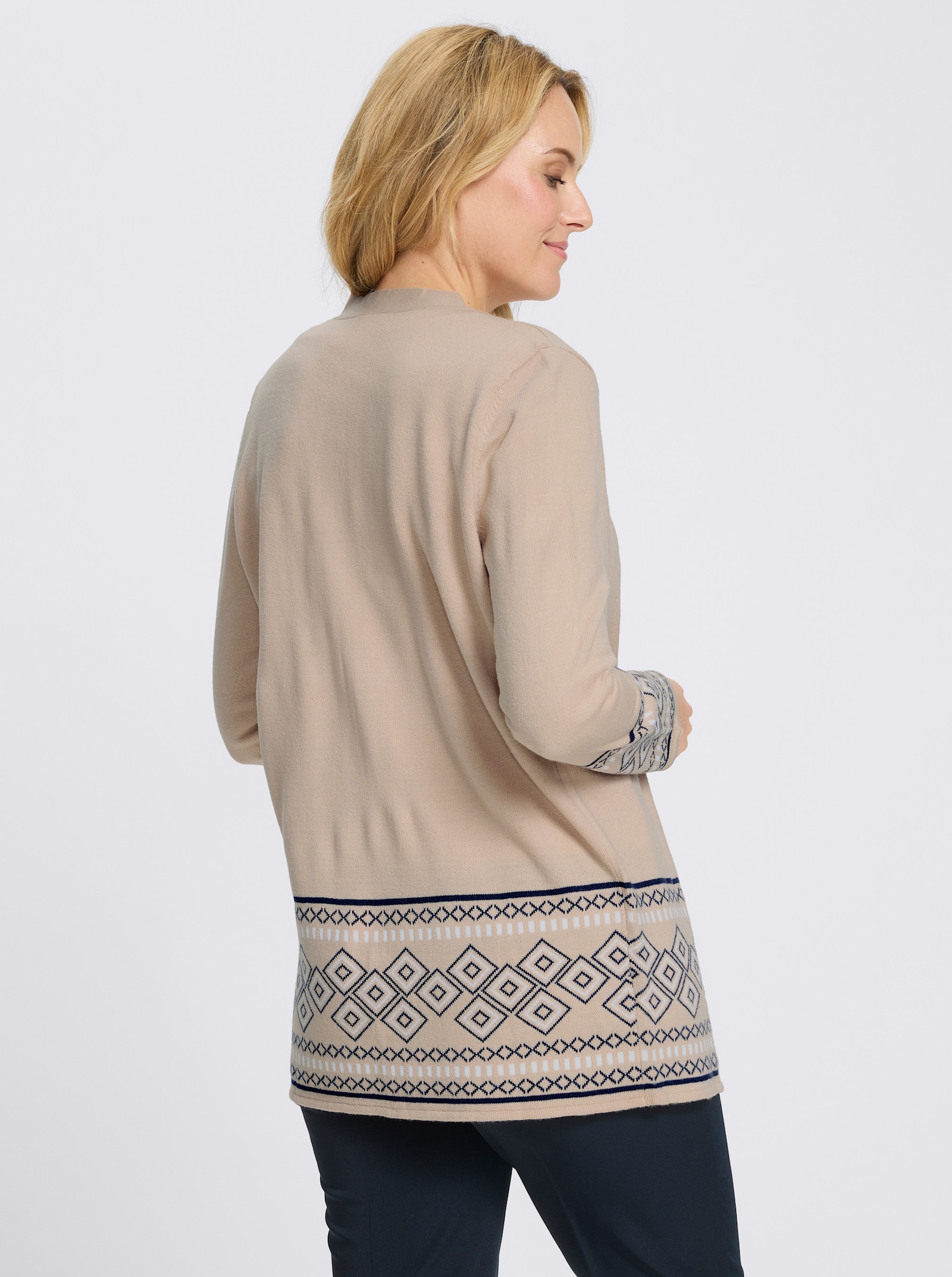 Longstrickjacke mit Bordüren-Muster - beige-marine