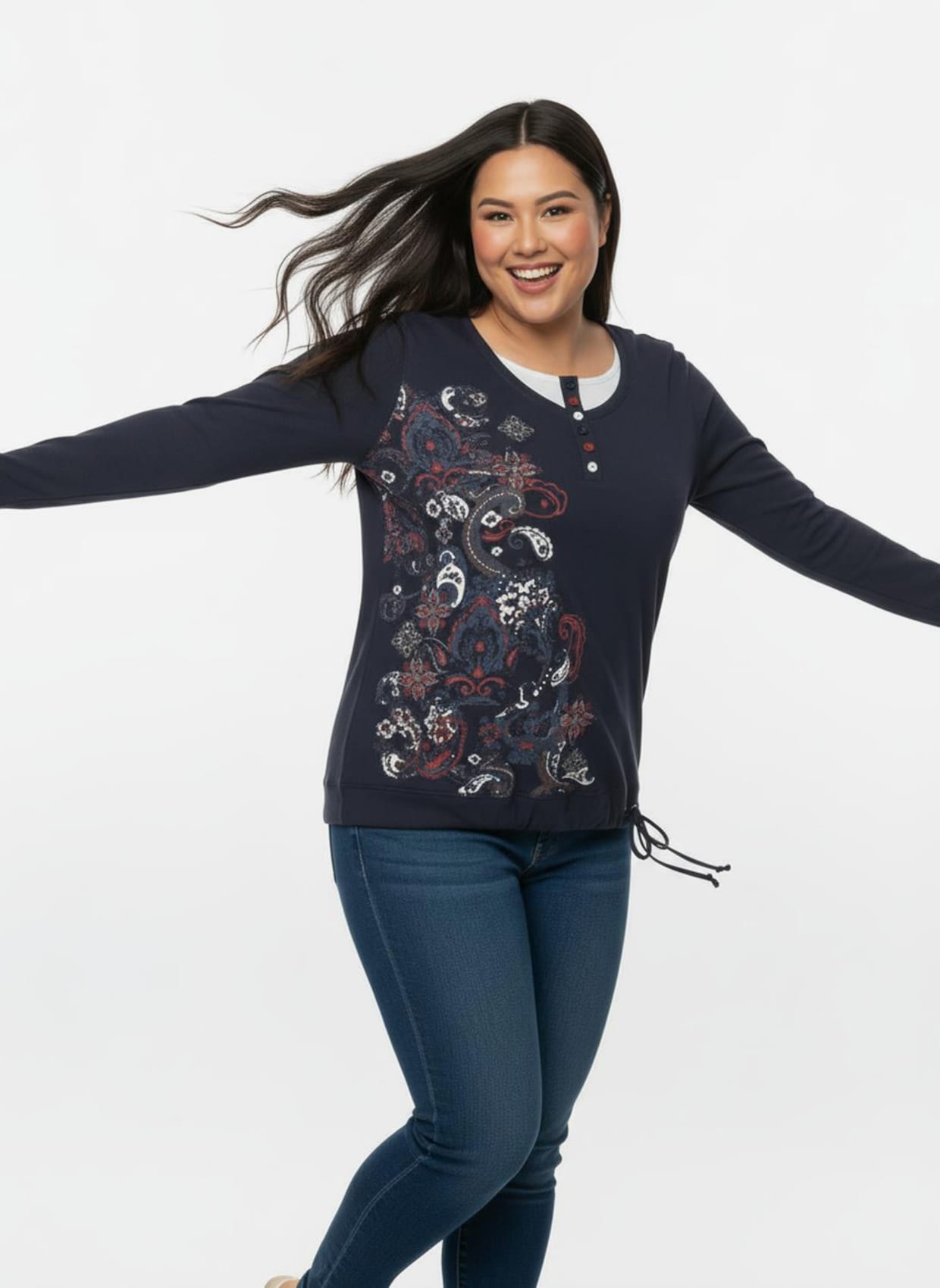 Rundhalsshirt im 2-in-1-Look - marine-weiß-bedruckt