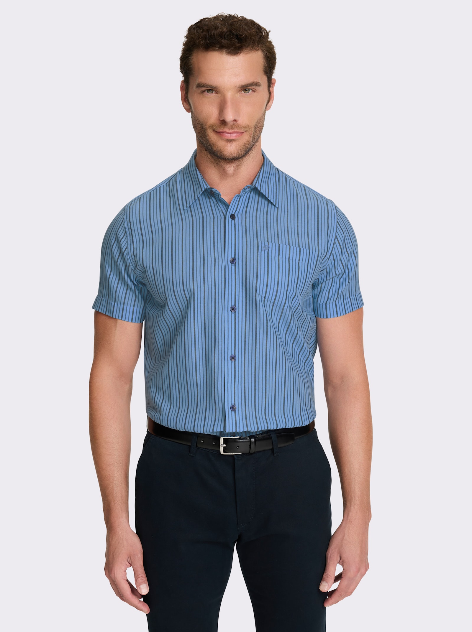 Marco Donati Overhemd met korte mouwen, strijkvrij - hemelsblauw gestreept
