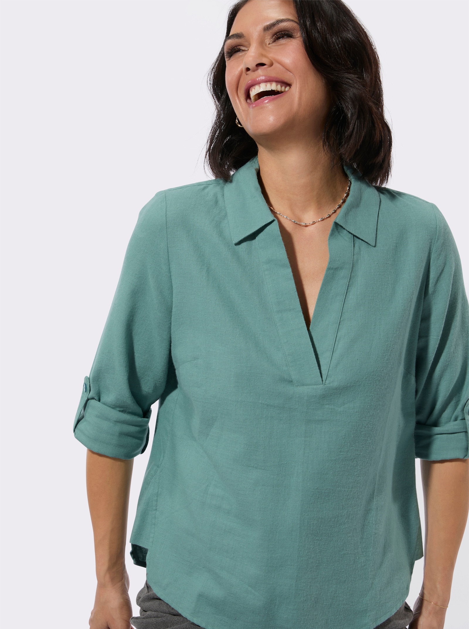 Flanellbluse mit krempelbaren Ärmeln - jade