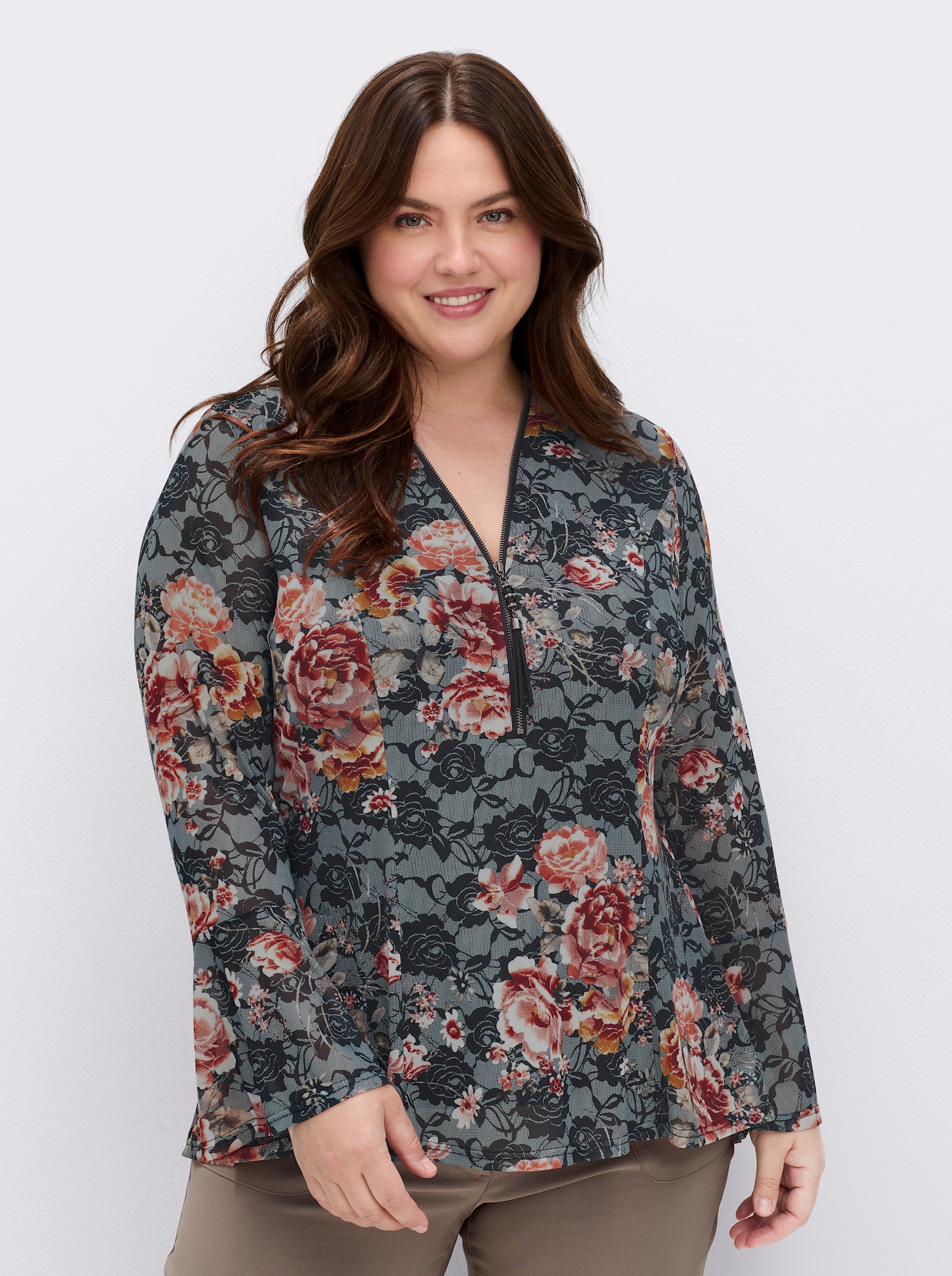 sheego by Joe Browns Shirt mit Reißverschluss am V-Ausschnitt - schwarz-bedruckt