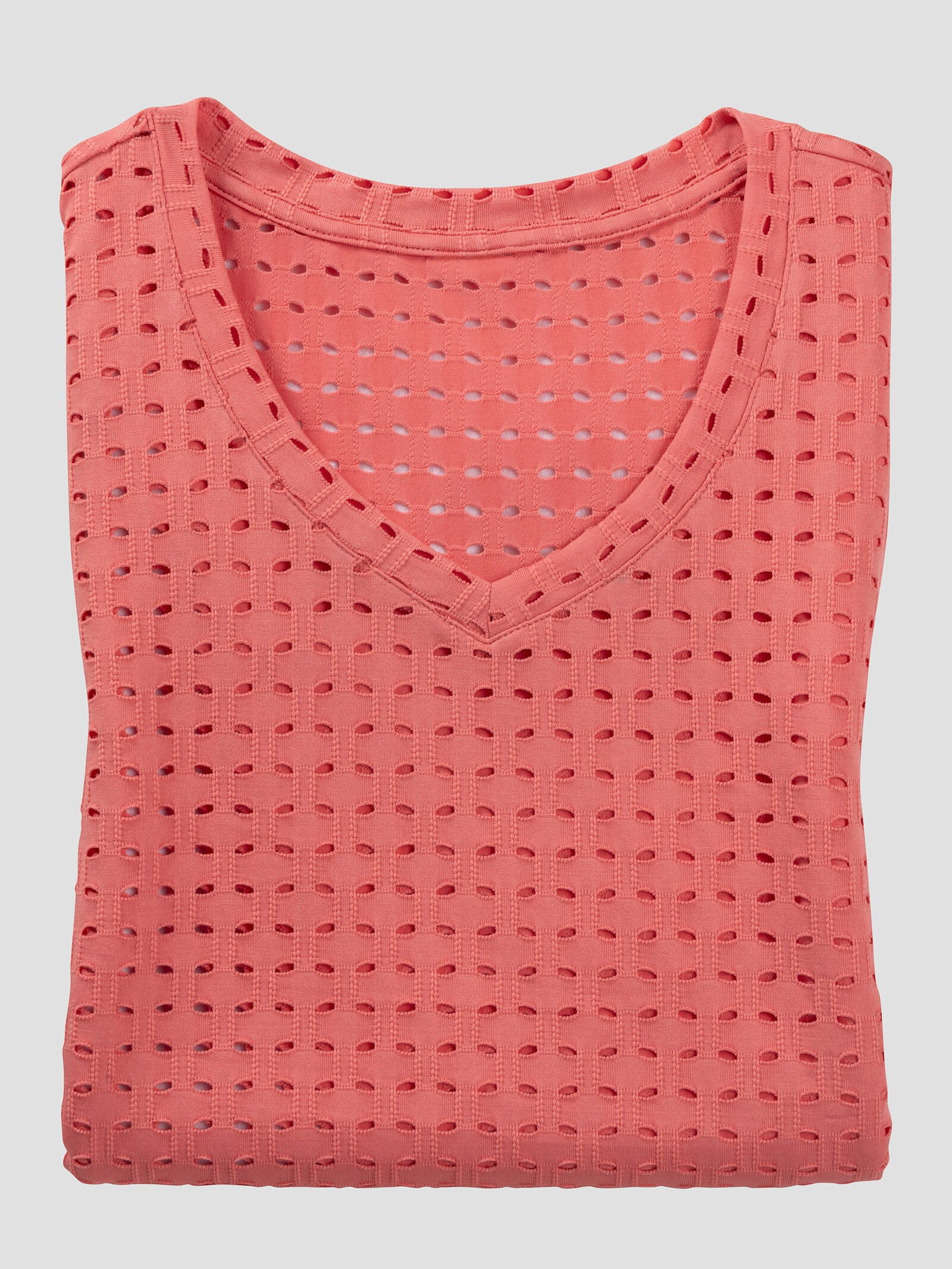 Shirt met V-hals en ajourpatroon - koraal
