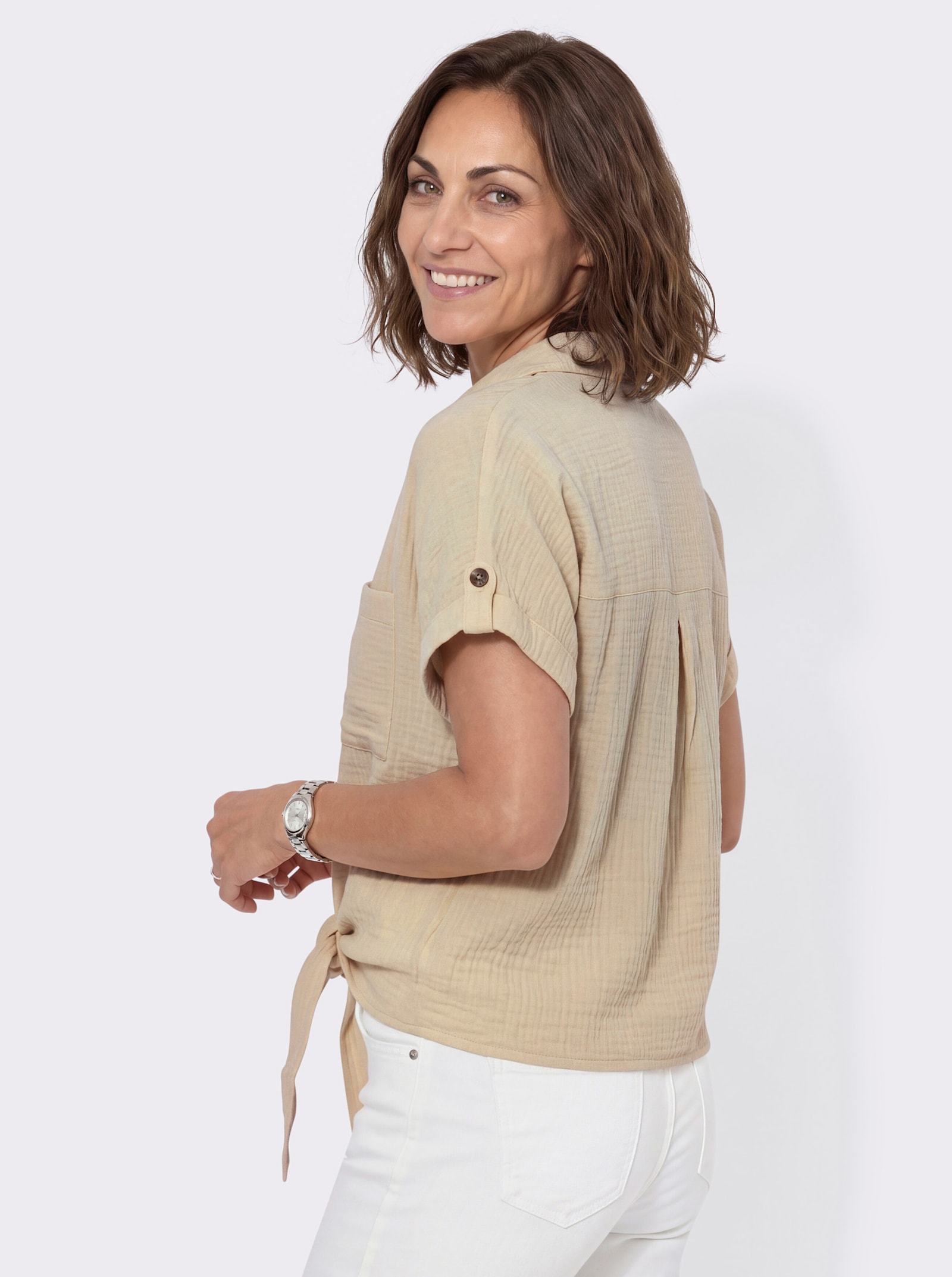 Baumwollbluse mit zipfligem Saum zum Knoten - sand