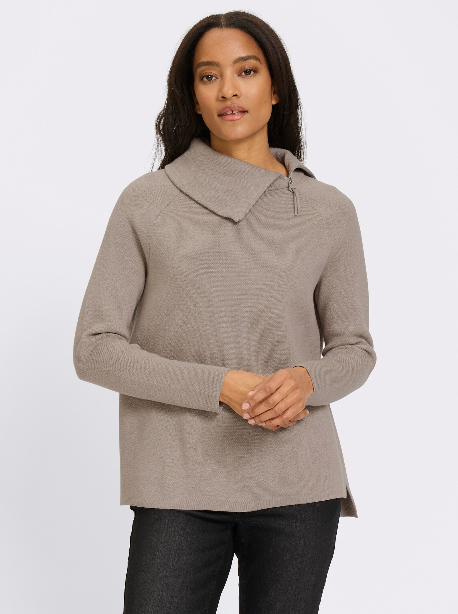 heine Langarm-Pullover mit Reißverschluss - sesam-meliert