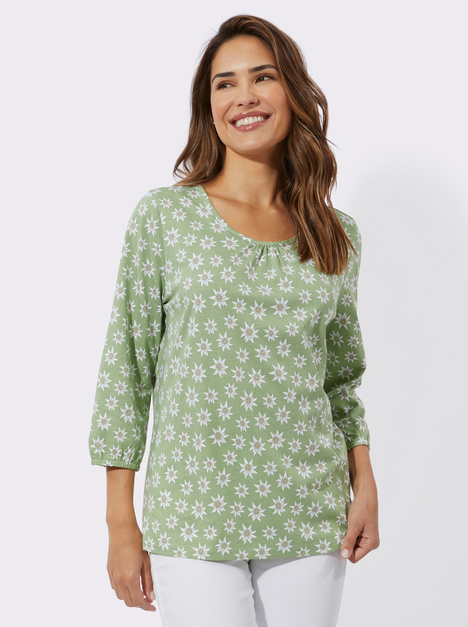 3/4-Arm-Shirt mit floralem Muster - eucalyptus-weiß-bedruckt