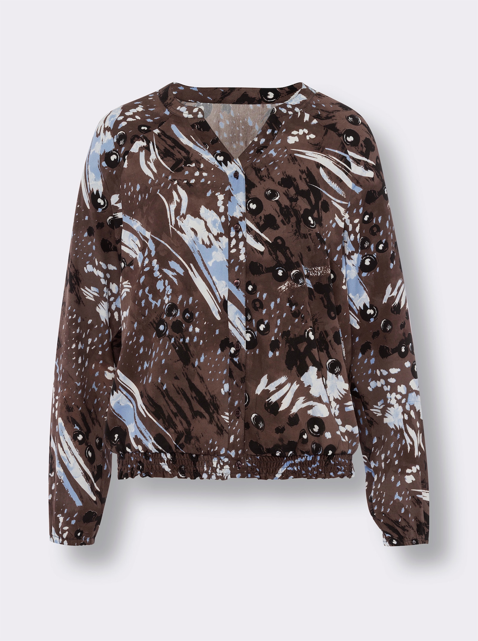 heine Druckbluse mit gesmoktem Saum - schoko-himmelblau-bedruckt