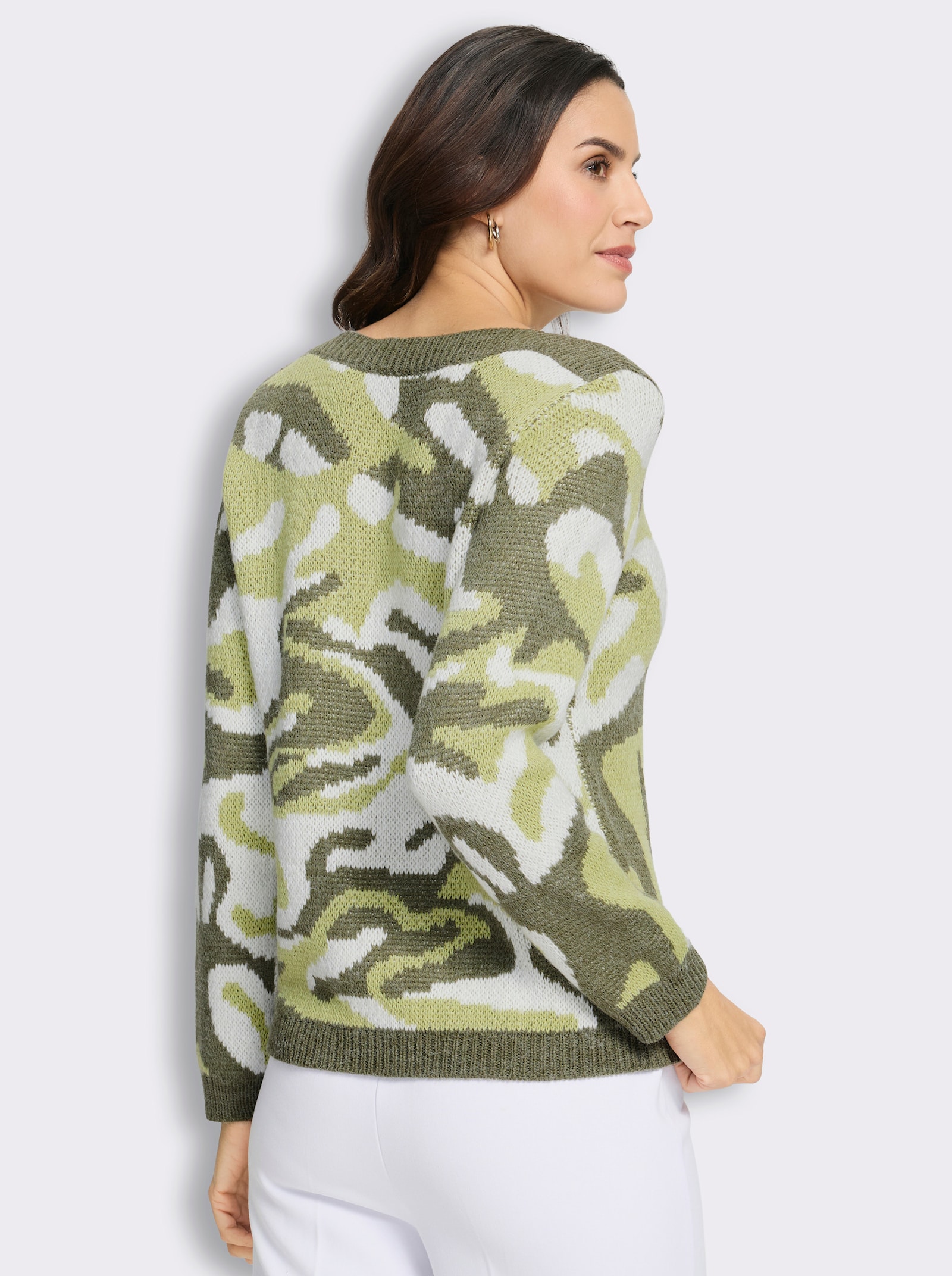 Jacquard-Pullover mit unifarbenen Abschlüssen - pistazie-khaki-gemustert