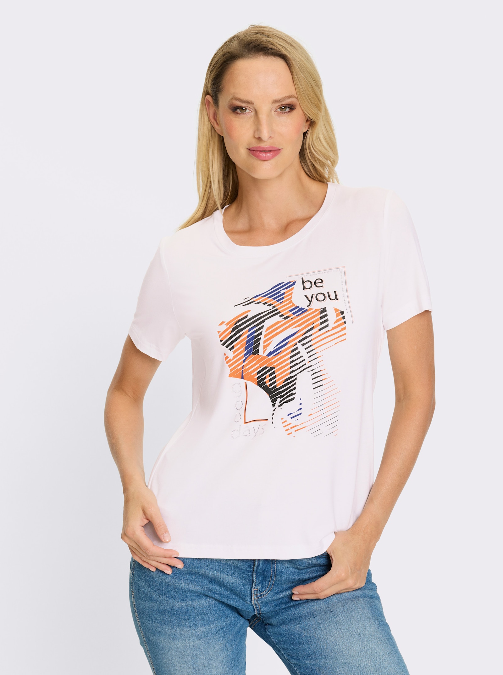 heine Rundhalsshirt mit Ziersteinen - weiss-royalblau