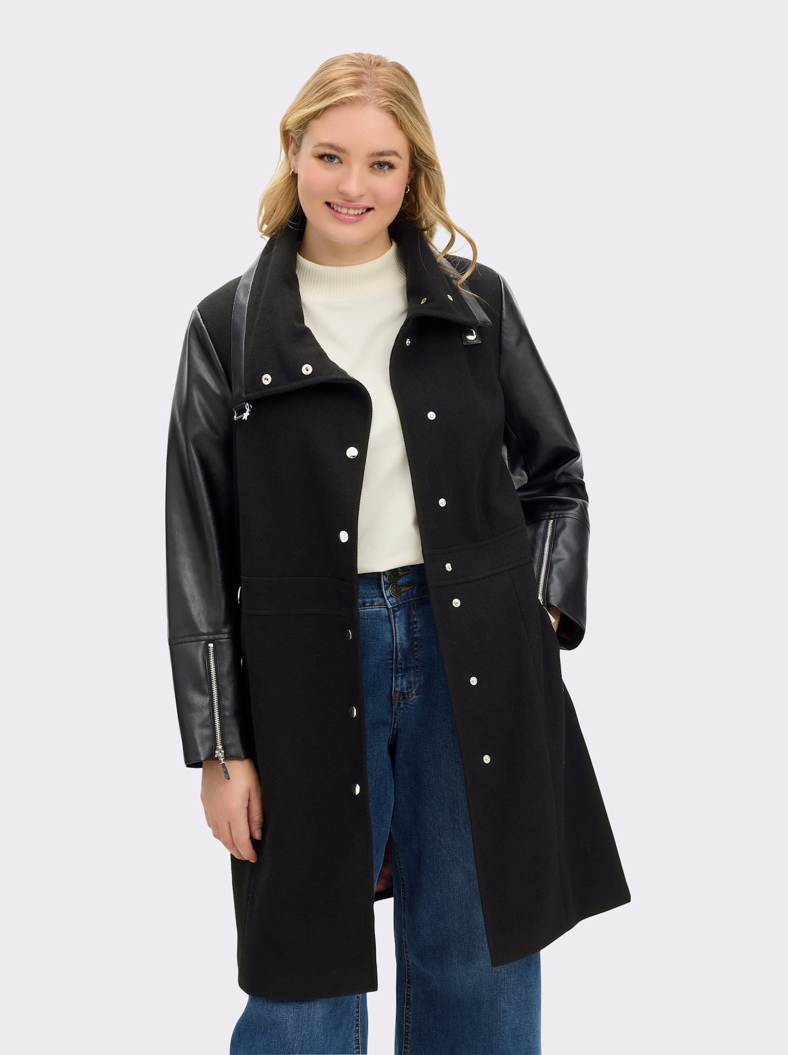 sheego by Joe Browns Kurzmantel im Biker-Stil, Materialmix - schwarz