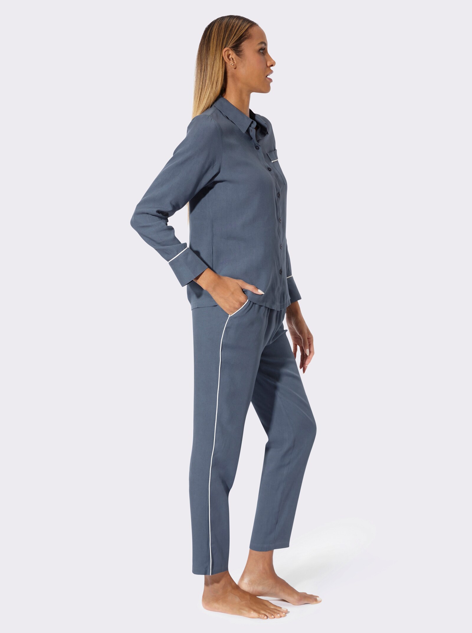 wäschepur Pyjama mit Brusttasche - rauchblau-ecru