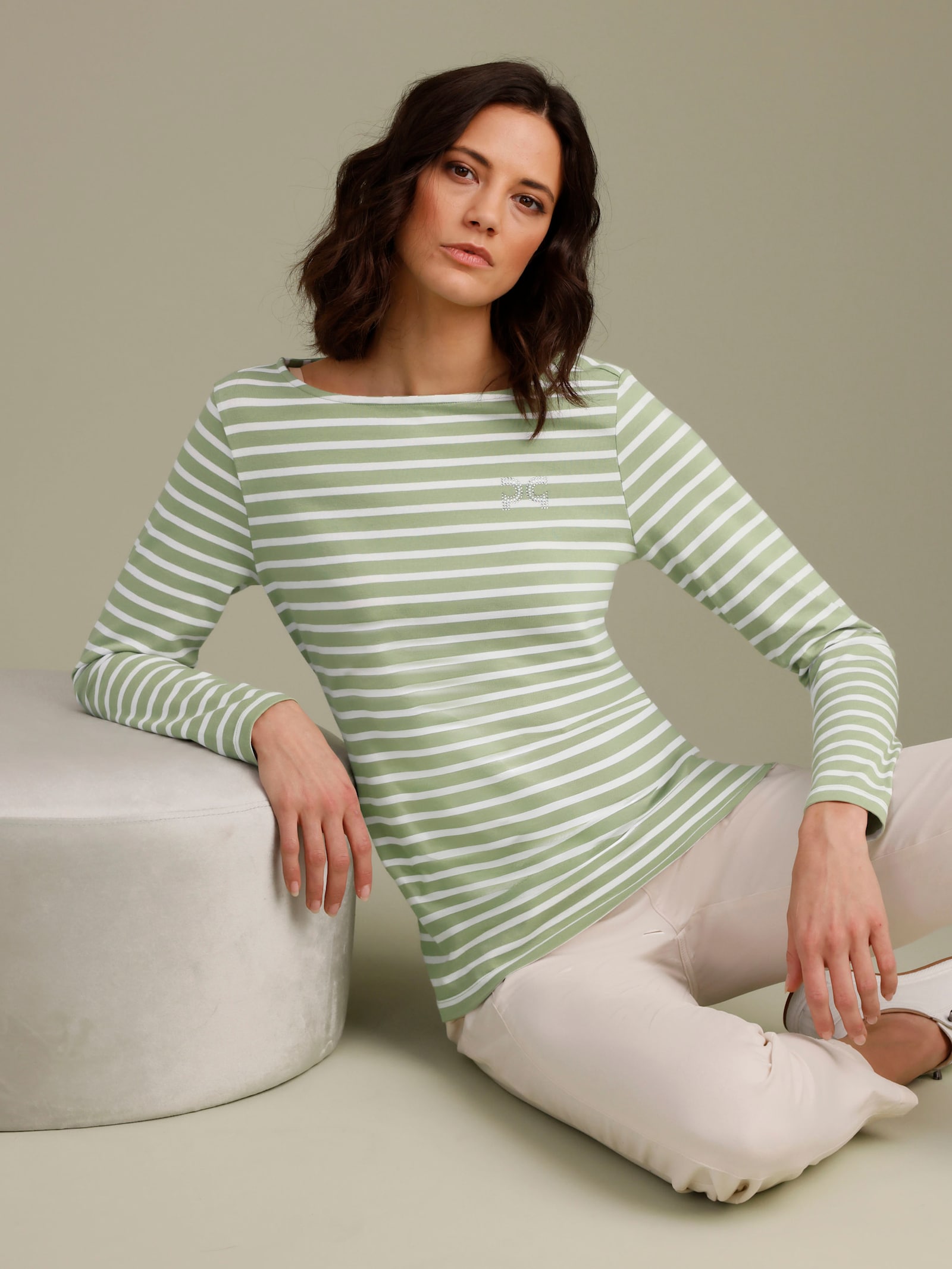 CREATION L PREMIUM Ringelshirt mit Strass-Steinchen - eucalyptus-weiß-geringelt