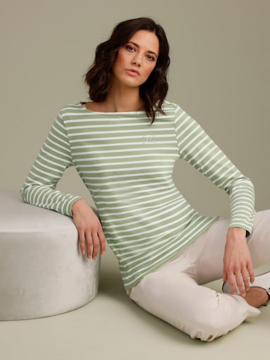 CREATION L PREMIUM Ringelshirt mit Strass-Steinchen - eucalyptus-weiß-geringelt