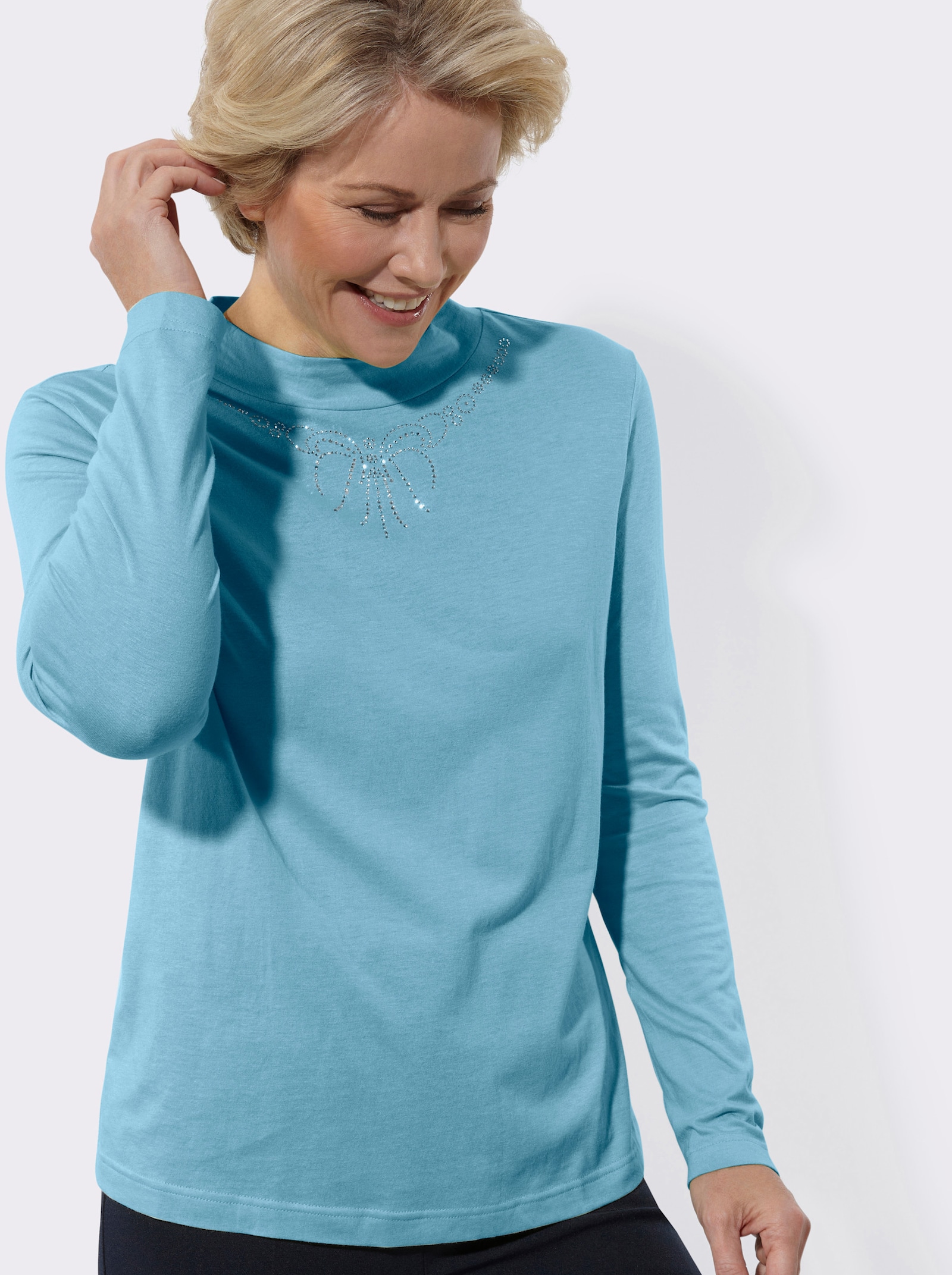 Stehkragenshirt mit Glitzersteinchen - aqua