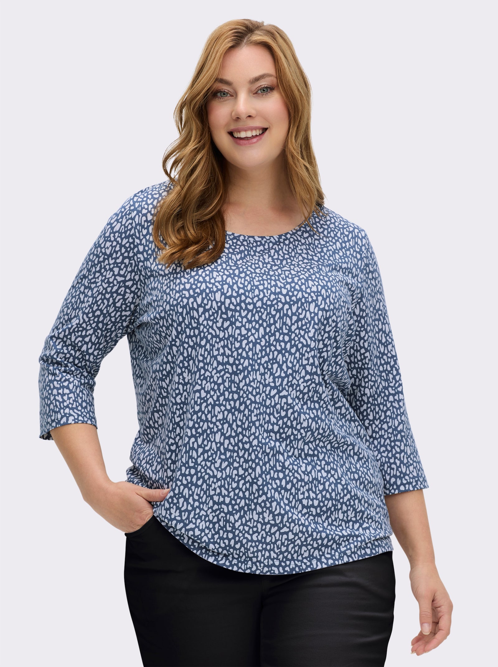 3/4-Arm-Shirt mit Minimal-Druck - weiß-jeansblau-bedruckt