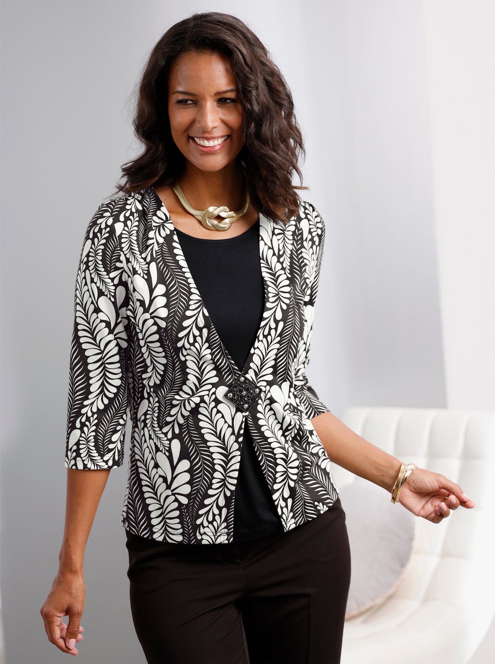 2-in-1-shirt met ruitapplicatie - zwart/ecru geprint