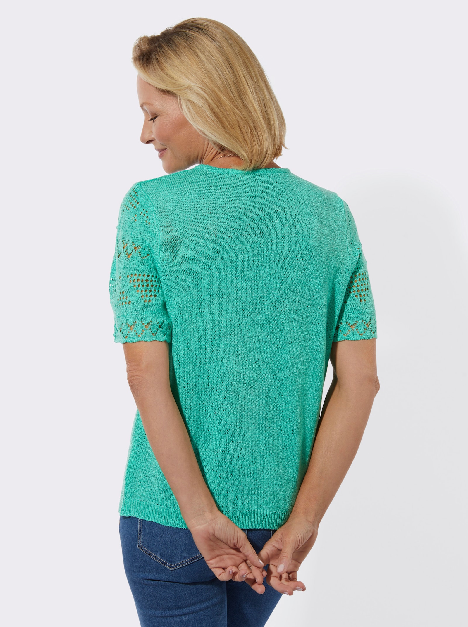 Bouclé-Pullover im Ajourdessin - blaugrün