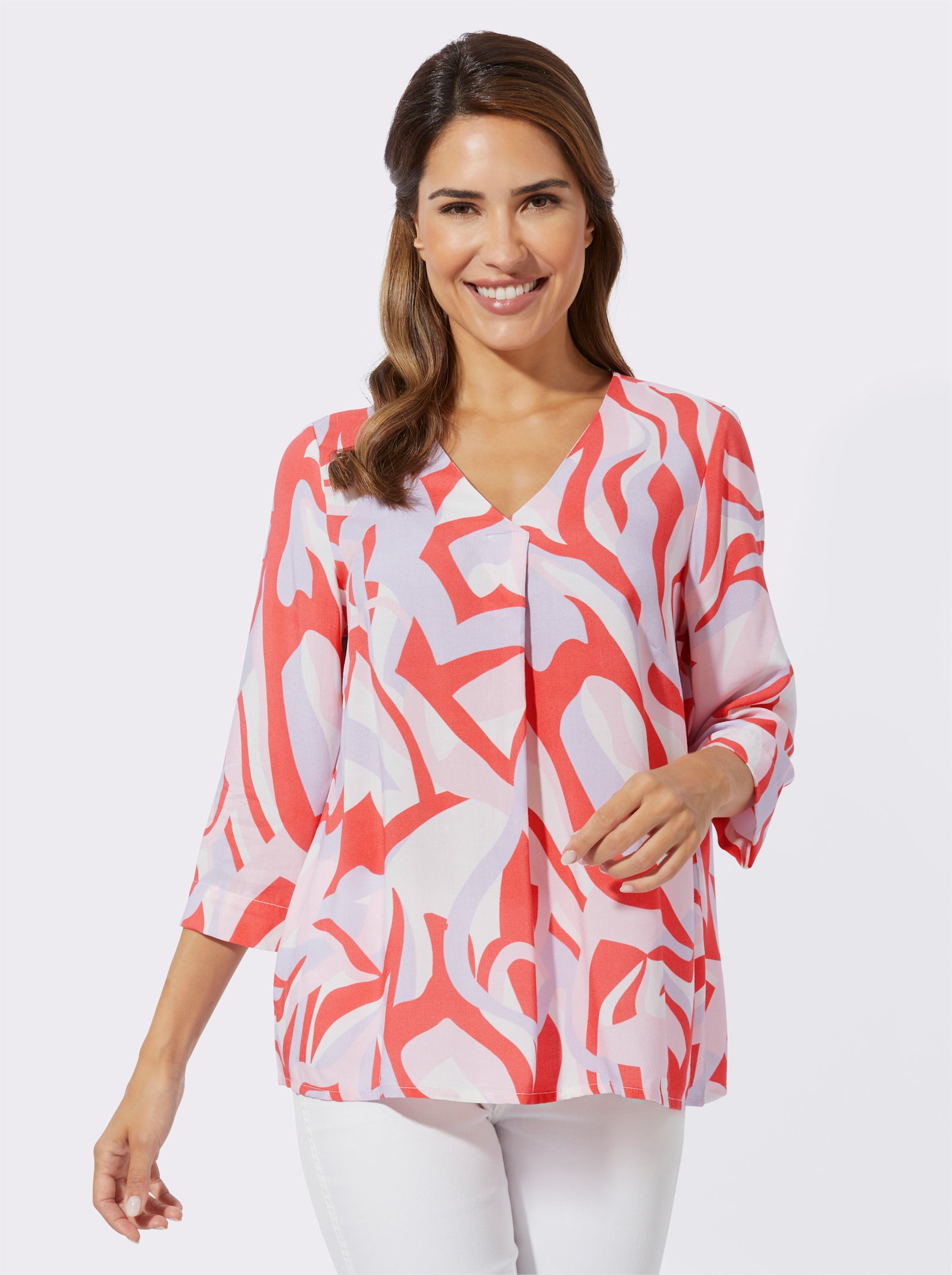 Blouse van pure viscose - grapefruit/lila bedrukt
