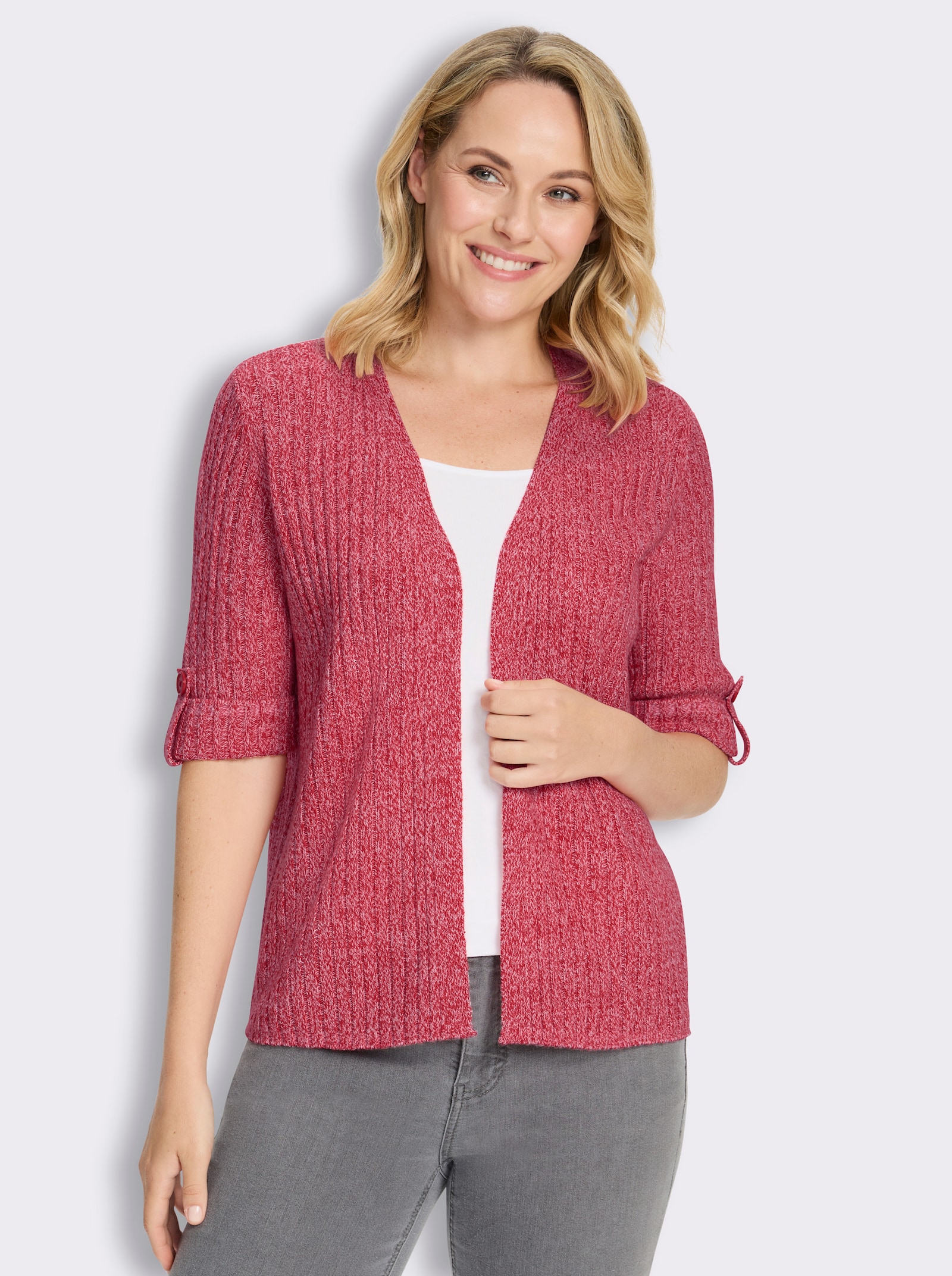 Strickjacke in Rippen-Optik - erdbeere-weiß-meliert
