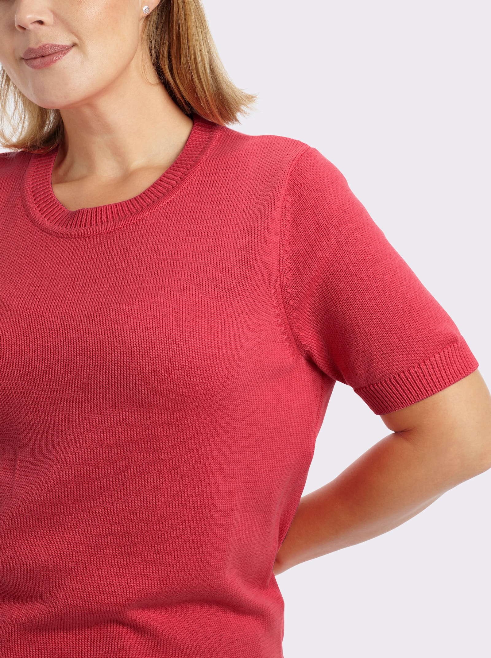 Kurzarmpullover mit Rippabschlüssen - korallenrot