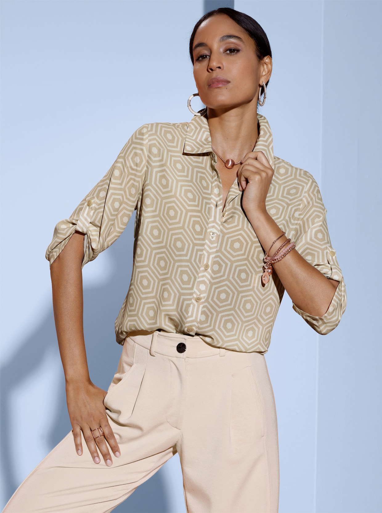 Hemdbluse - ecru-sand-gemustert
