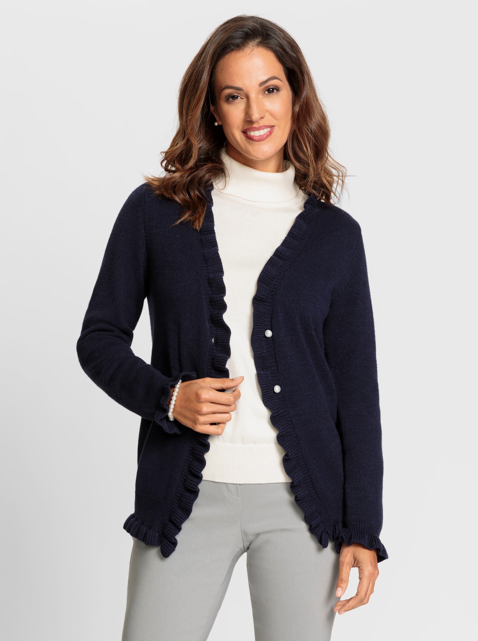 Strickjacke mit Rüschen-Abschluss - marine