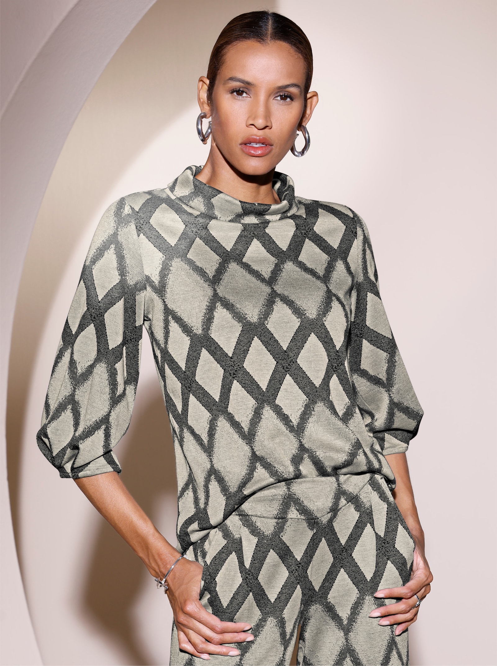 Shirt met 3/4-ballonmouwen - zand/antraciet gedessineerd